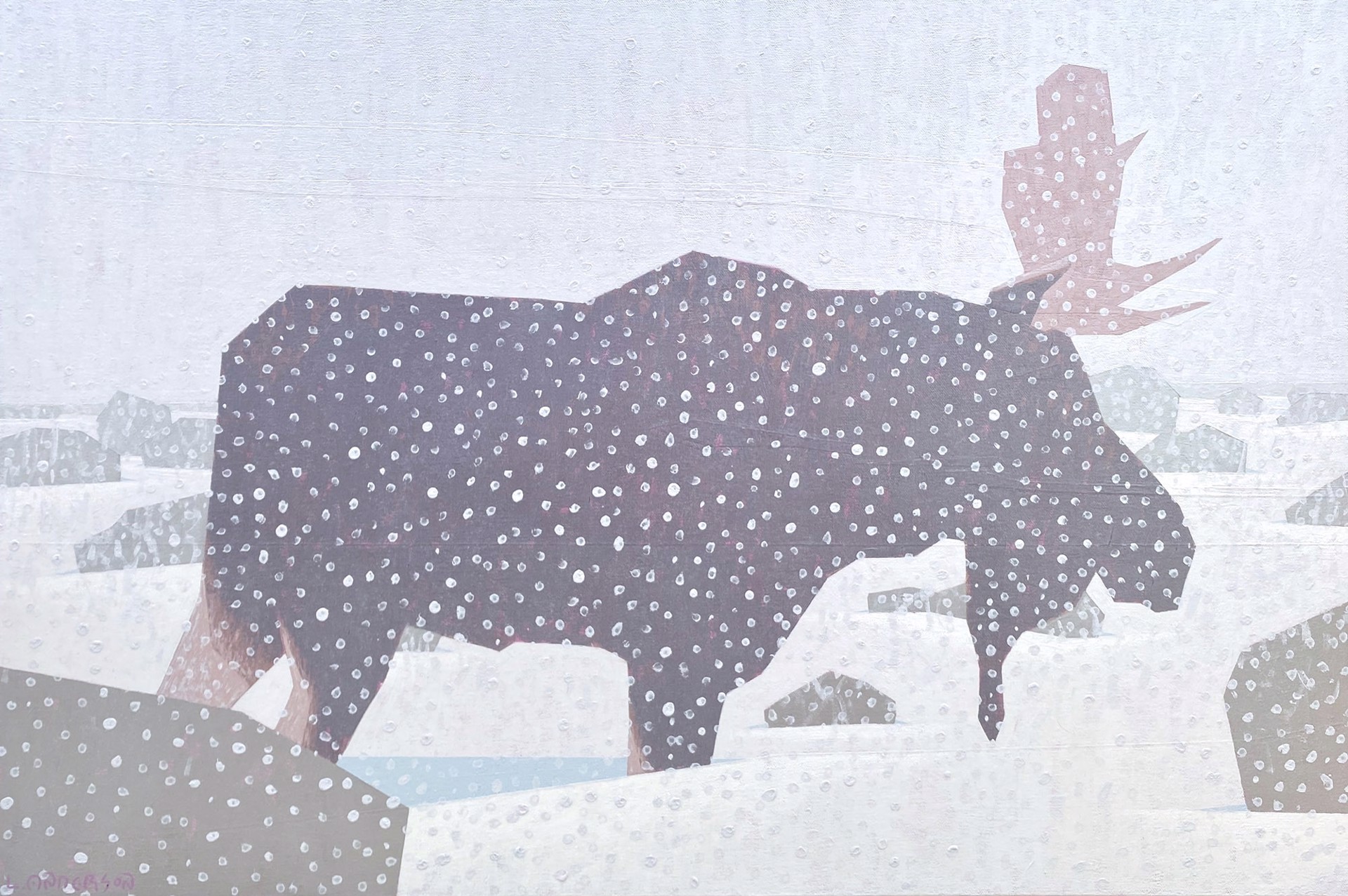 Original Oil Painting By Luke Anderson Featuring A Moose Through Falling Snow