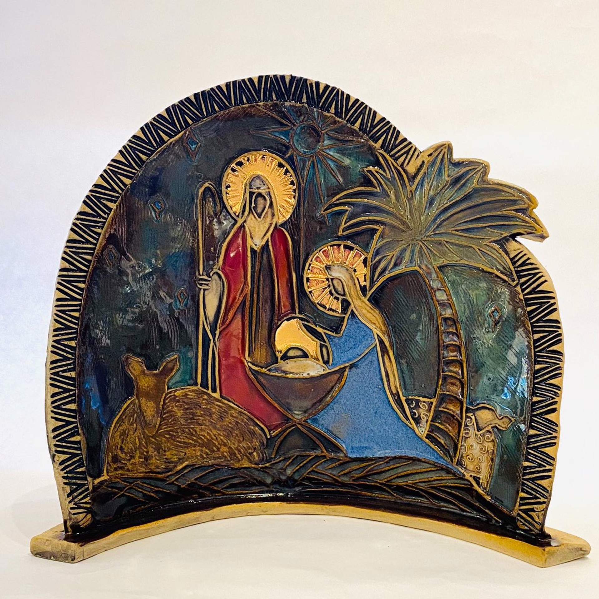AA22-2 Curved Nativity with Color and Gold Leaf by Angel Allen