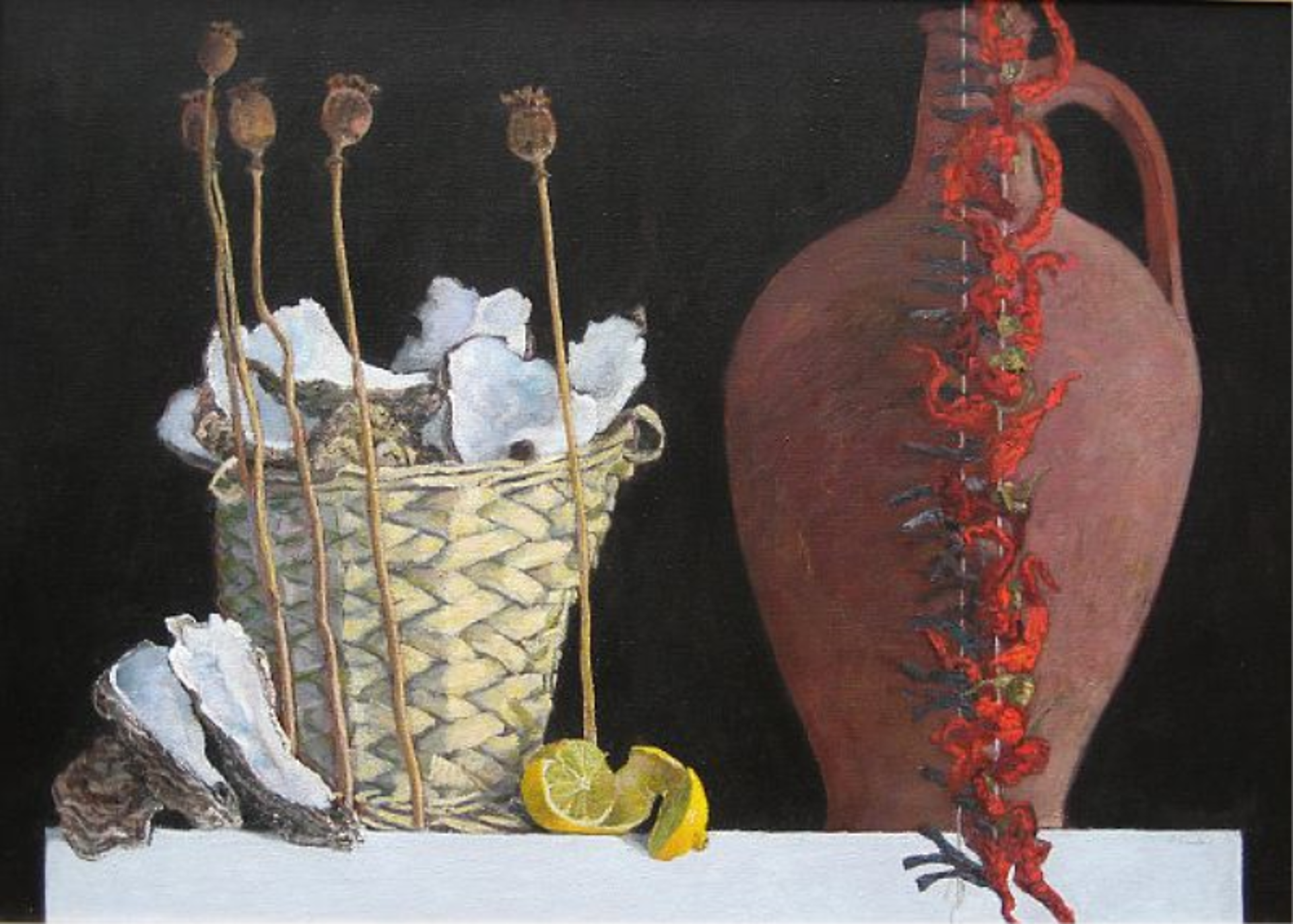 Still life painting of a basket of oyster shells, a string of chili peppers and other objects