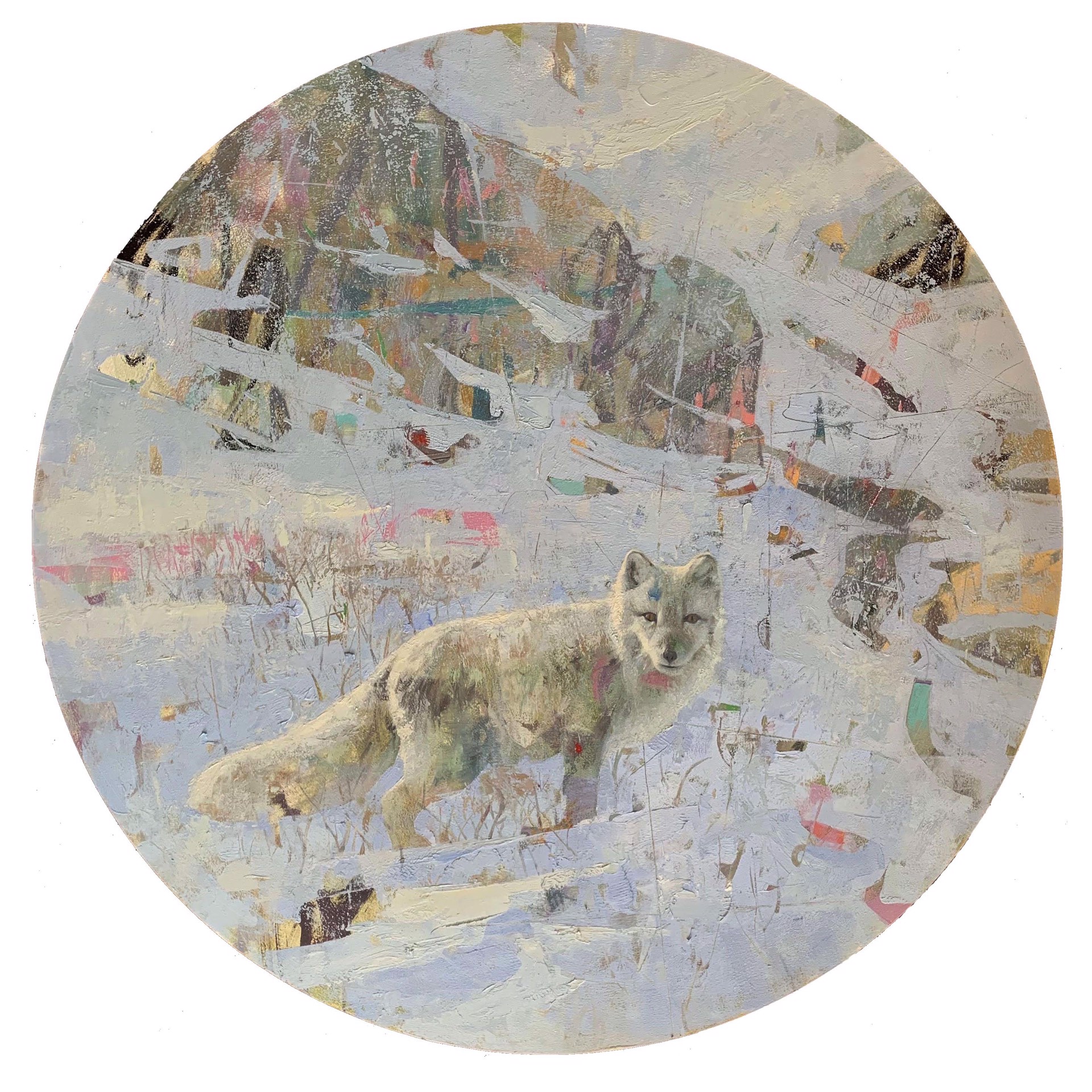A Contemporary Oil Painting Of An Arctic Fox In The Snow With An Abstract Background