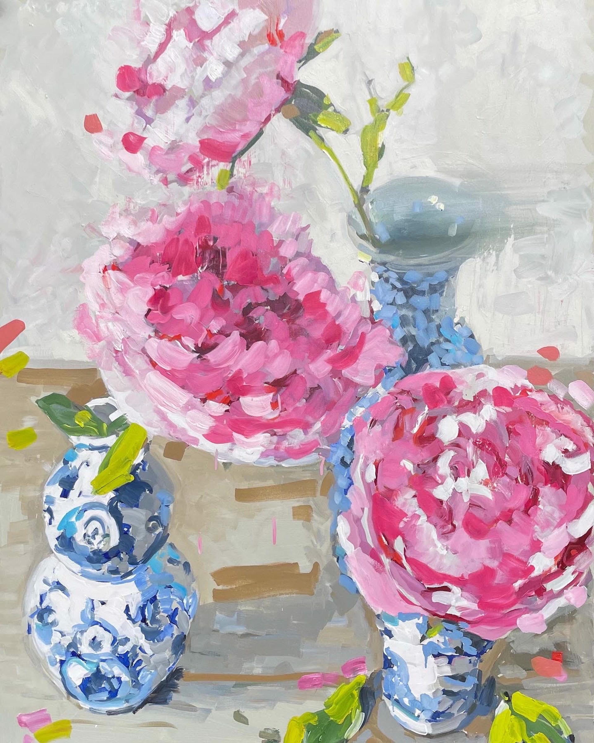Pink Peonies in Chinese Vases by Laura Lacambra Shubert