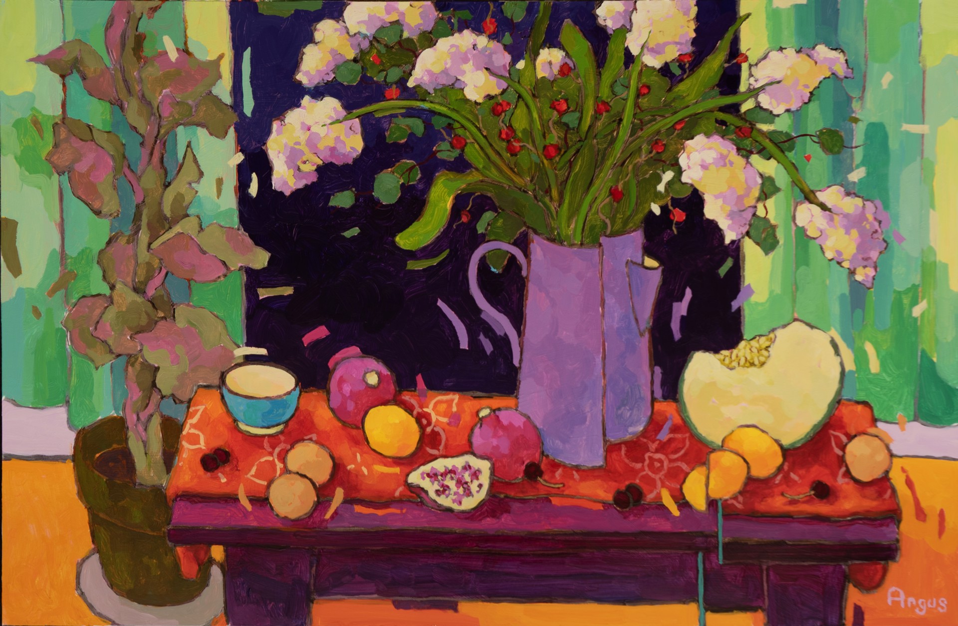 Arrangement with Pomegranate & Violet Pitcher by Angus