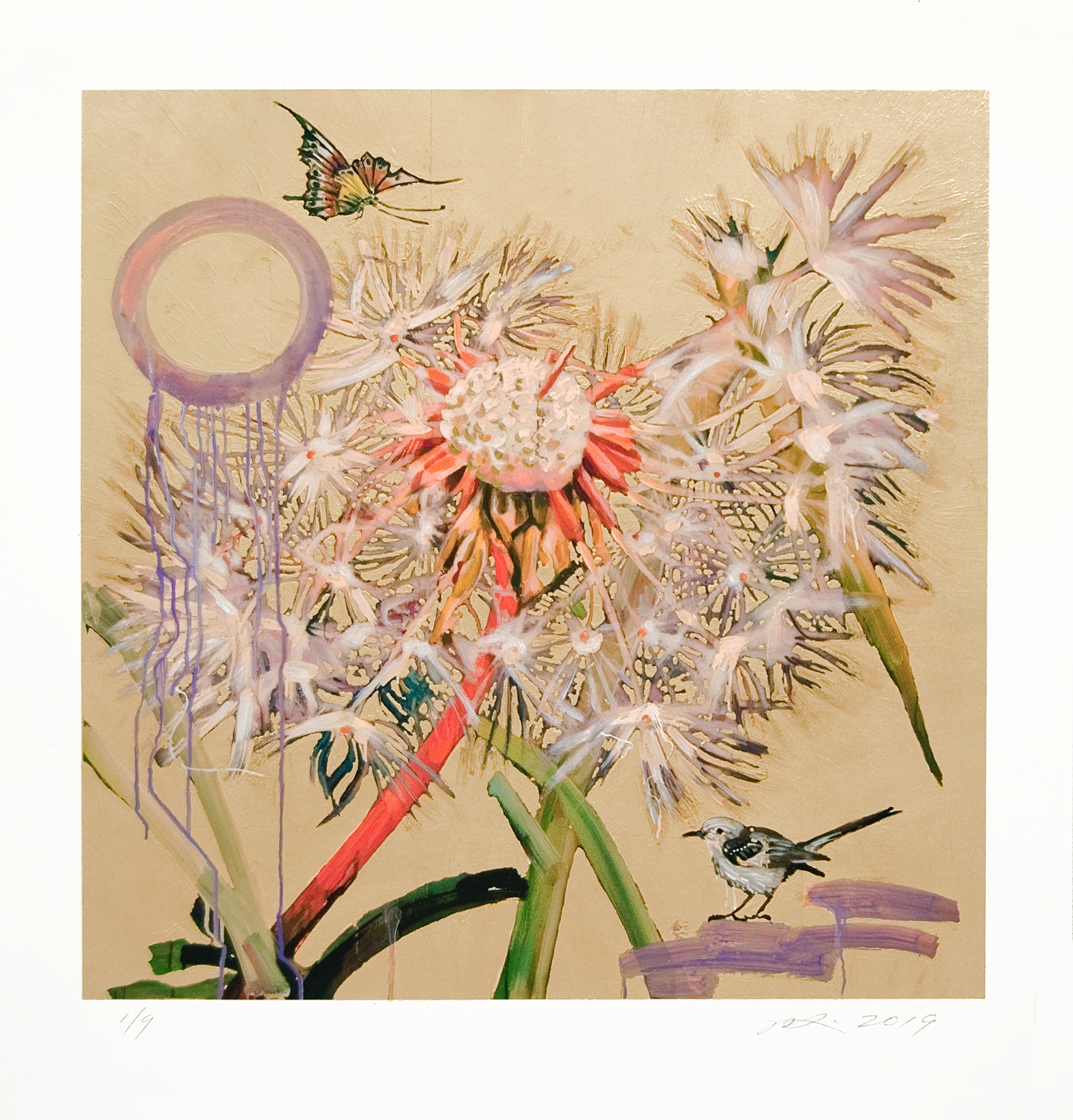 Dandelion with Small Bird (Gold) by Hung Liu