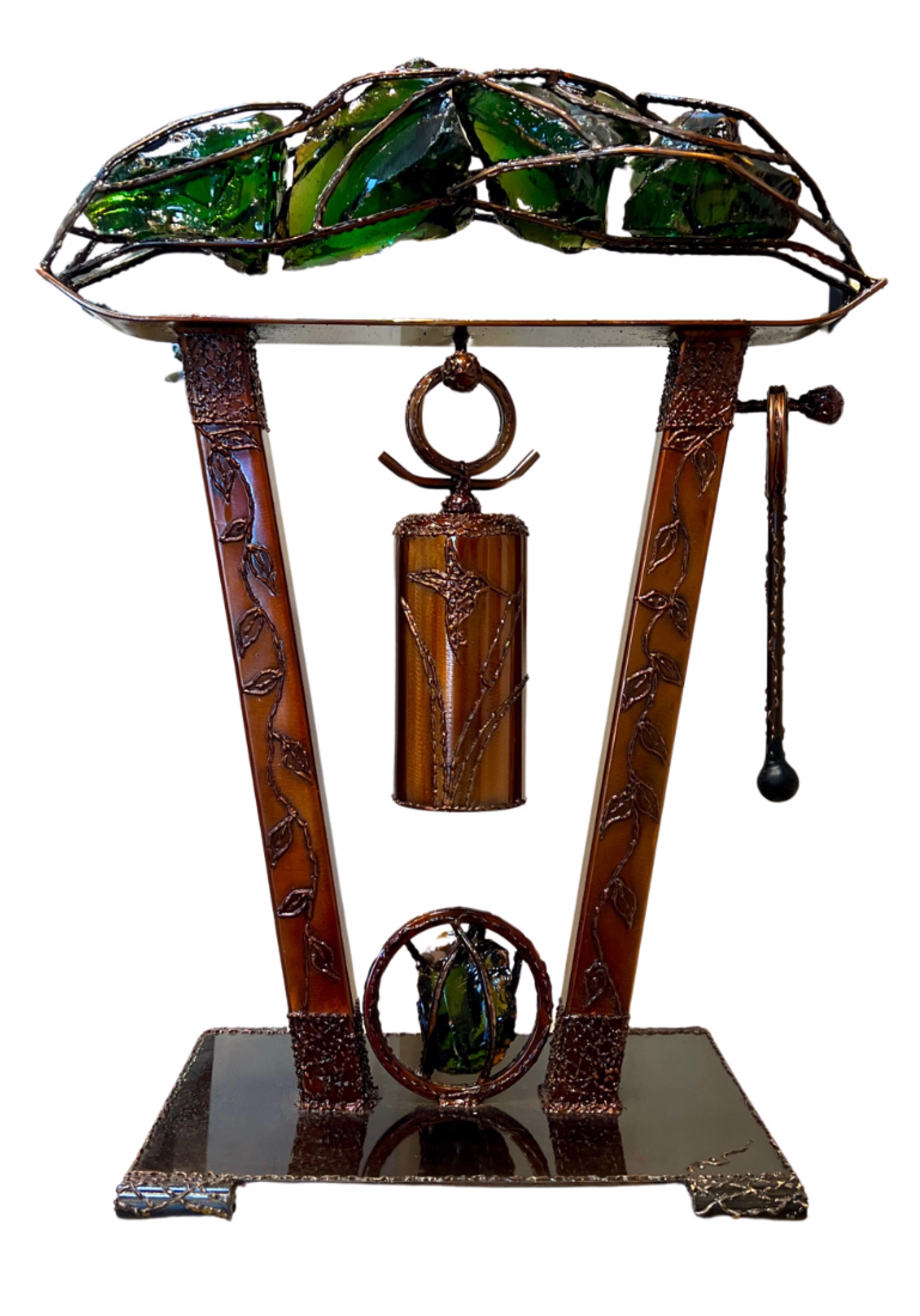 Desktop Bell Sculpture Hummingbird and Cattails with a Crown of Green Glass - Four by Mike Beals