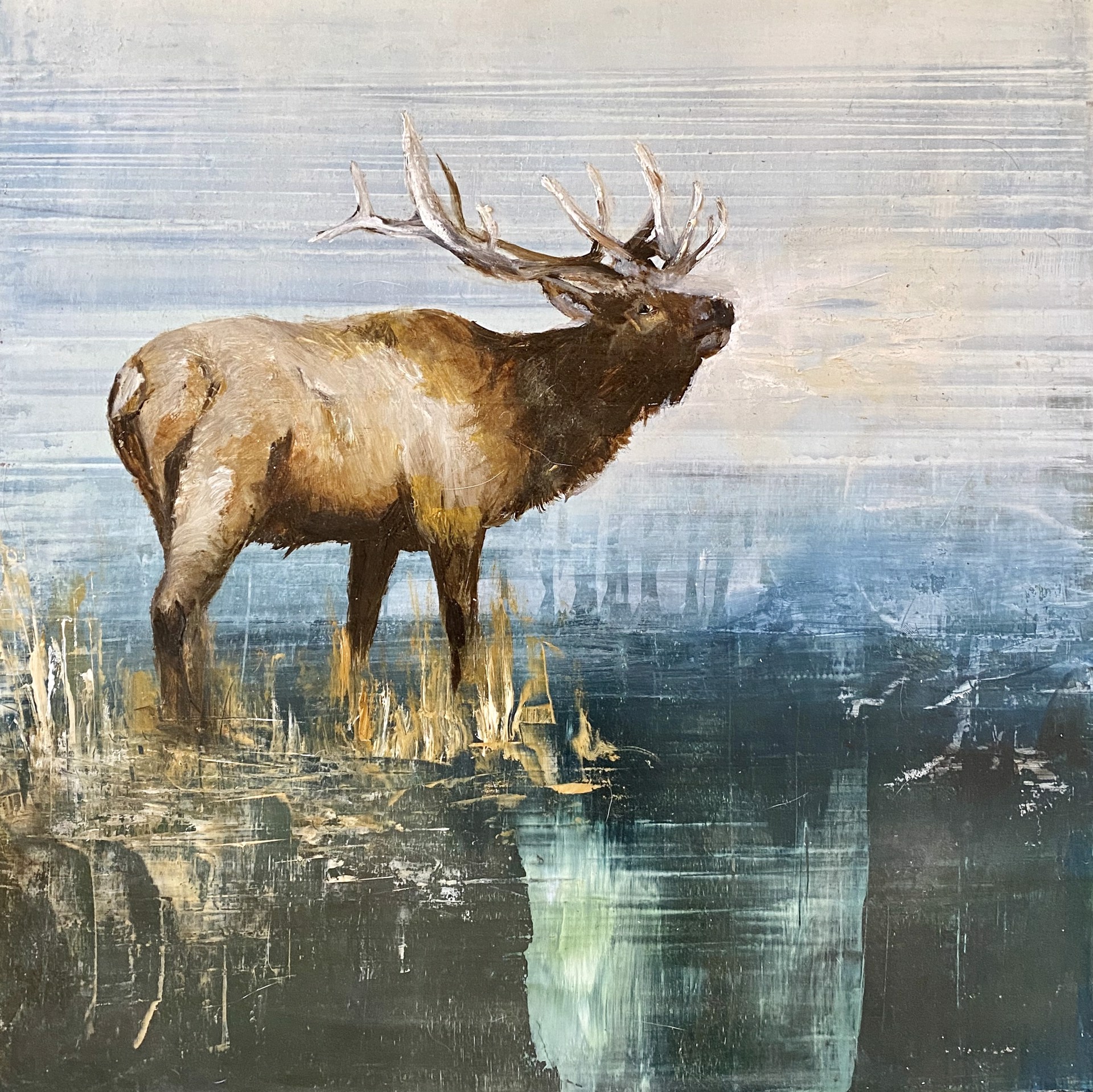 A Contemporary Oil Painting Of A Bull Elk Standing In Tall Grass At The Edge Of Water With An Abstract Background, Jenna Von Benedikt