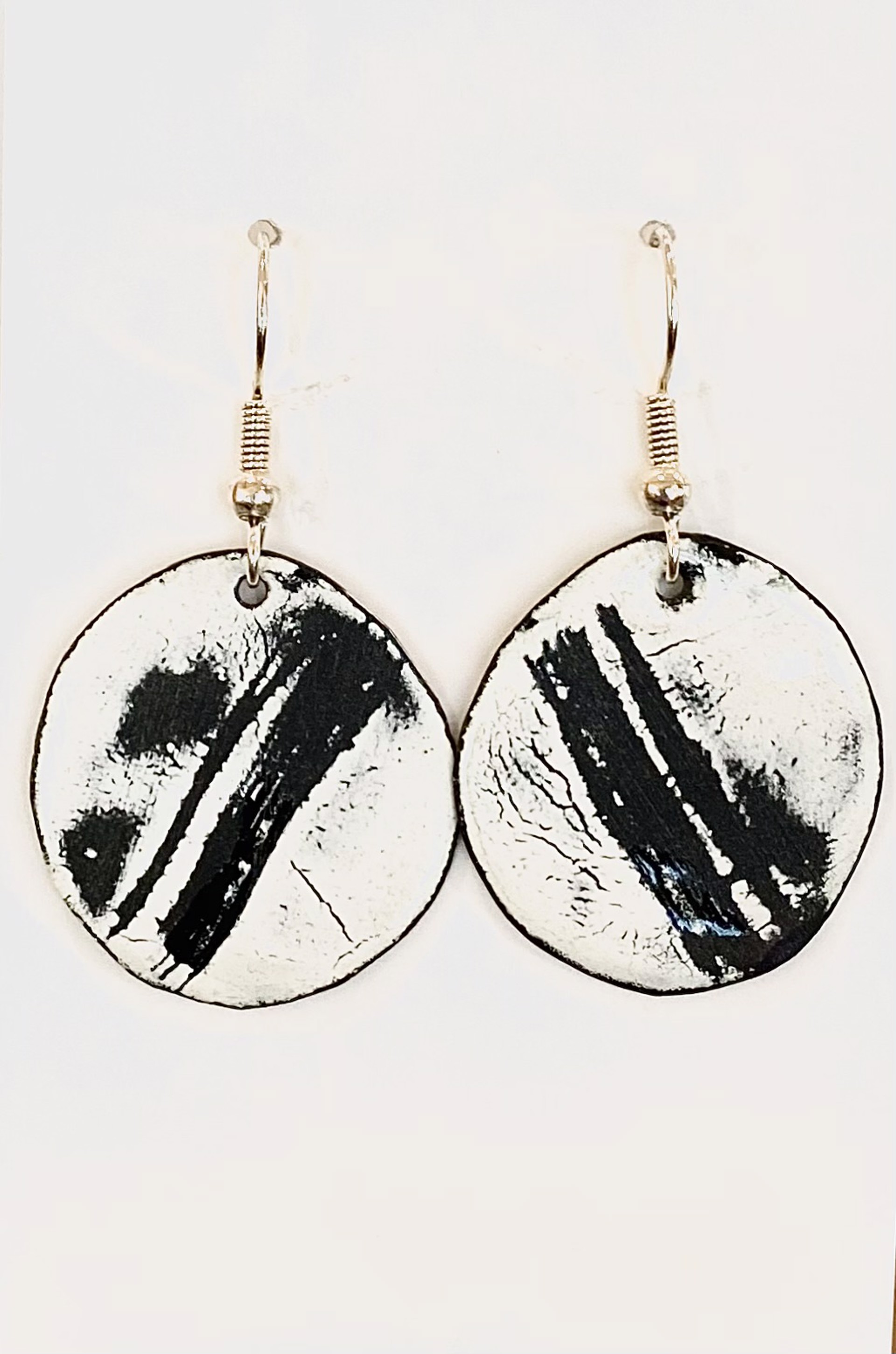 12.5 White and Black Enamel Copper Sterling Earrings by Cathy Talbot