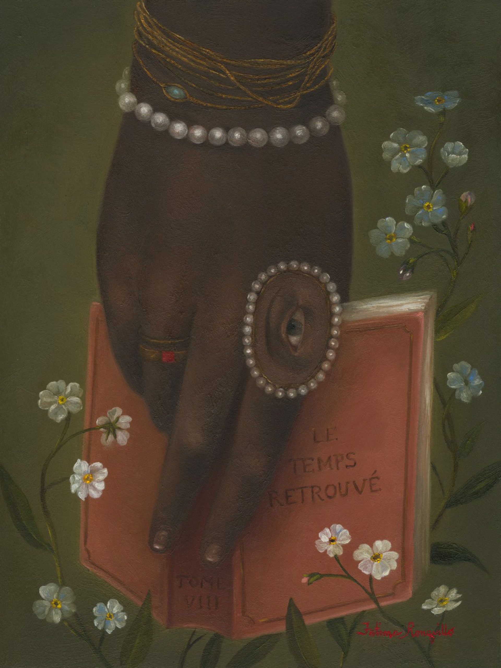 Time Regained: Hand with Proust and Forget Me Nots by Fatima Ronquillo