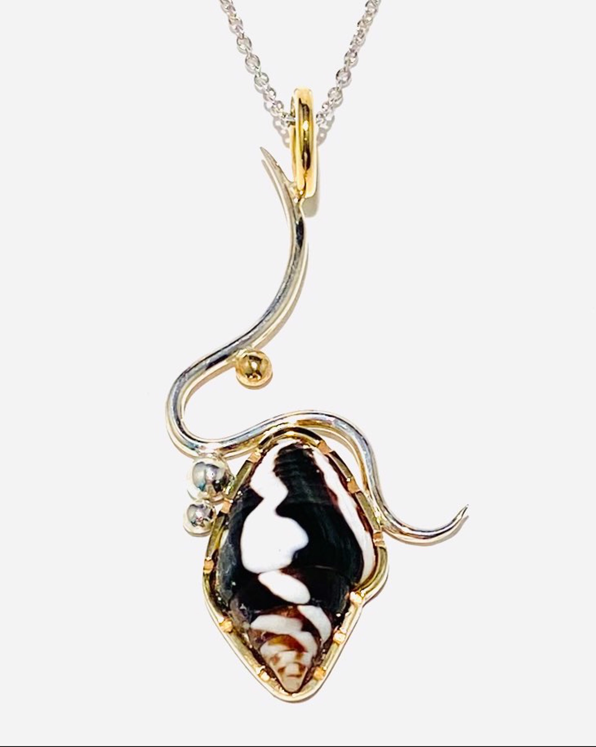 Black and White Dove Snail “Delicate Drop” Pendant 18”Silver Adjustable Chain Necklace BU23-17 by Barbara Umbel