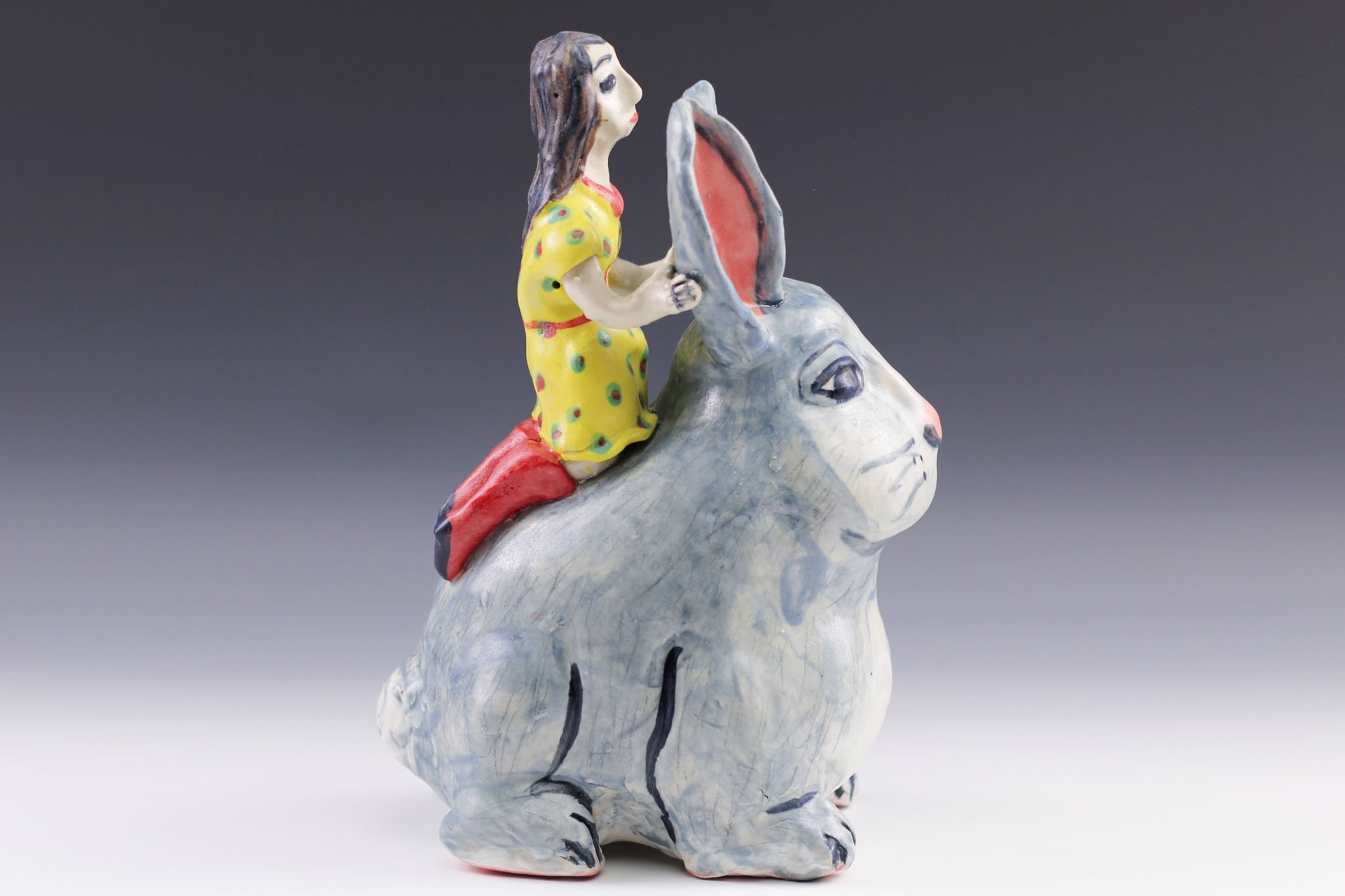 Girl Riding Rabbit Sculpture by Wendy Olson