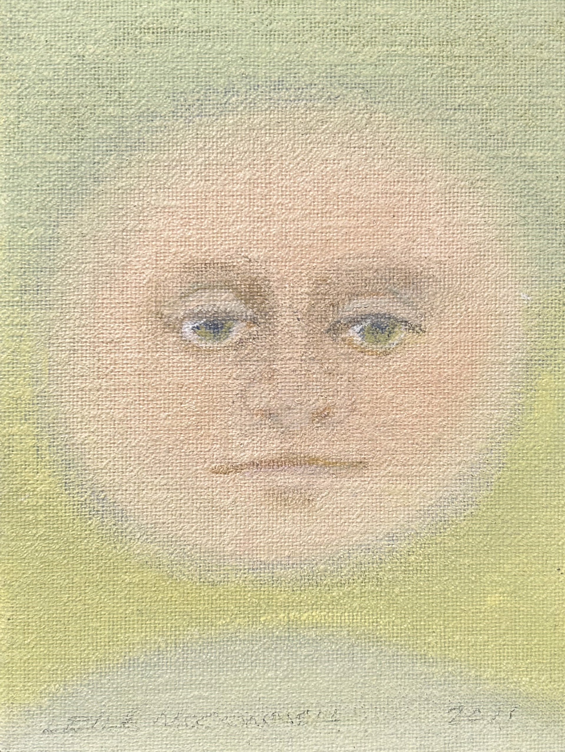 Moonface - pale pink on yellow/green by Leila McConnell