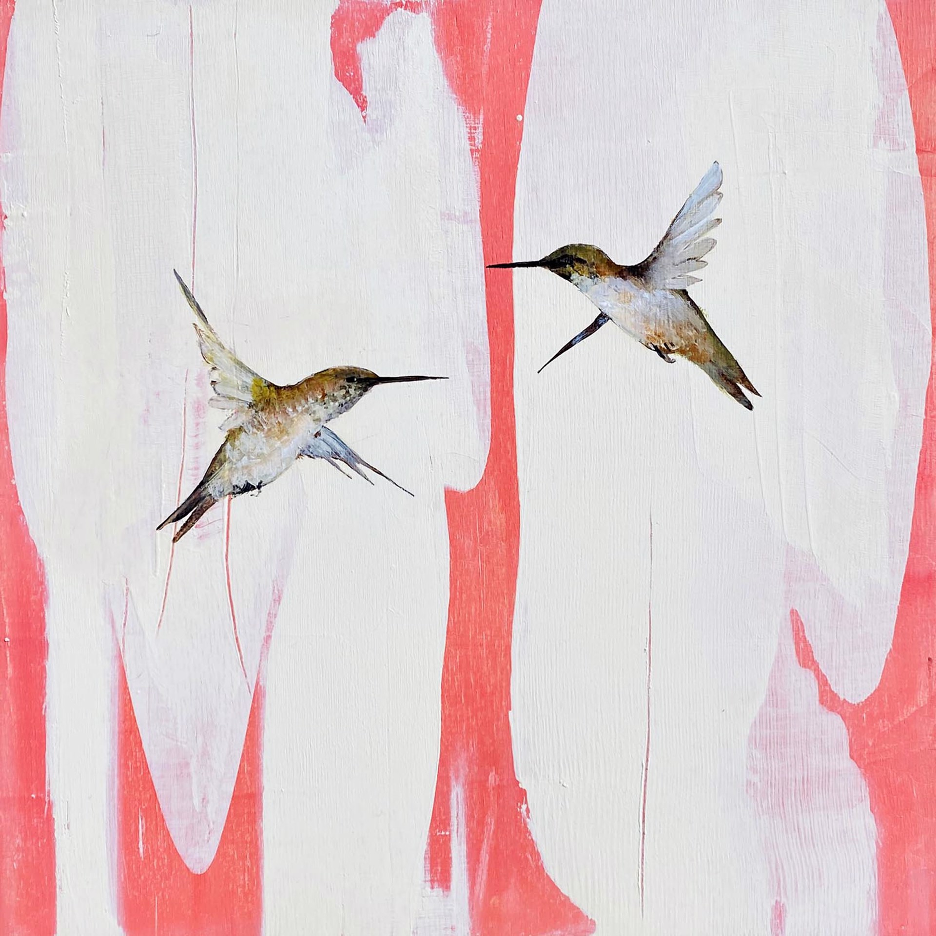 Original Mixed Media Painting By Jenna Von Benedikt Featuring Two Hummingbirds On Abstract Red And White Background