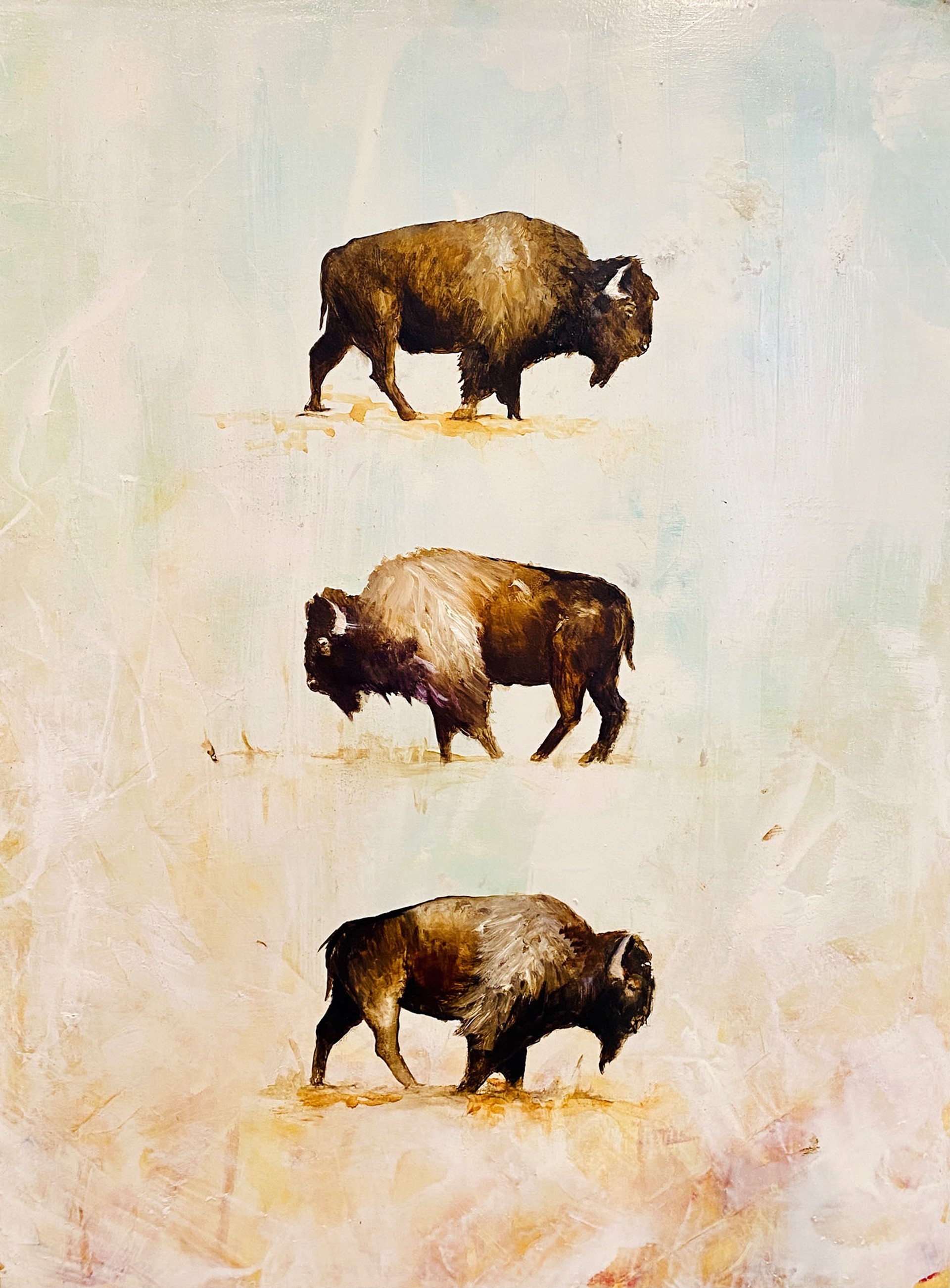 Original Oil Painting Featuring Three Bison On An Abstract Neutral Background