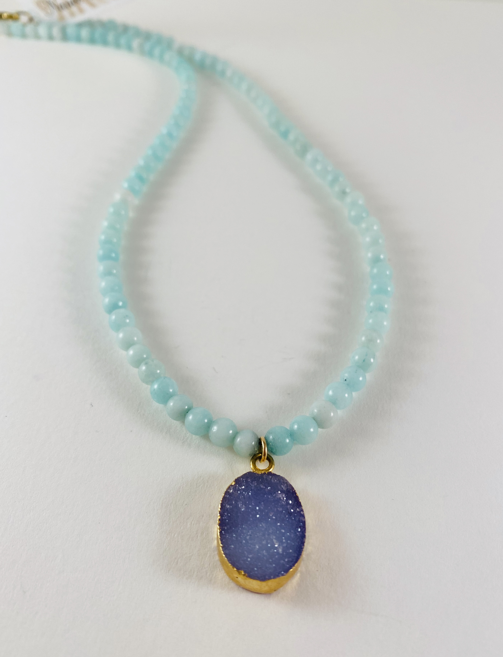Aqua Jade Bead Necklace, purple druzy pendant ND6 by Nance Trueworthy