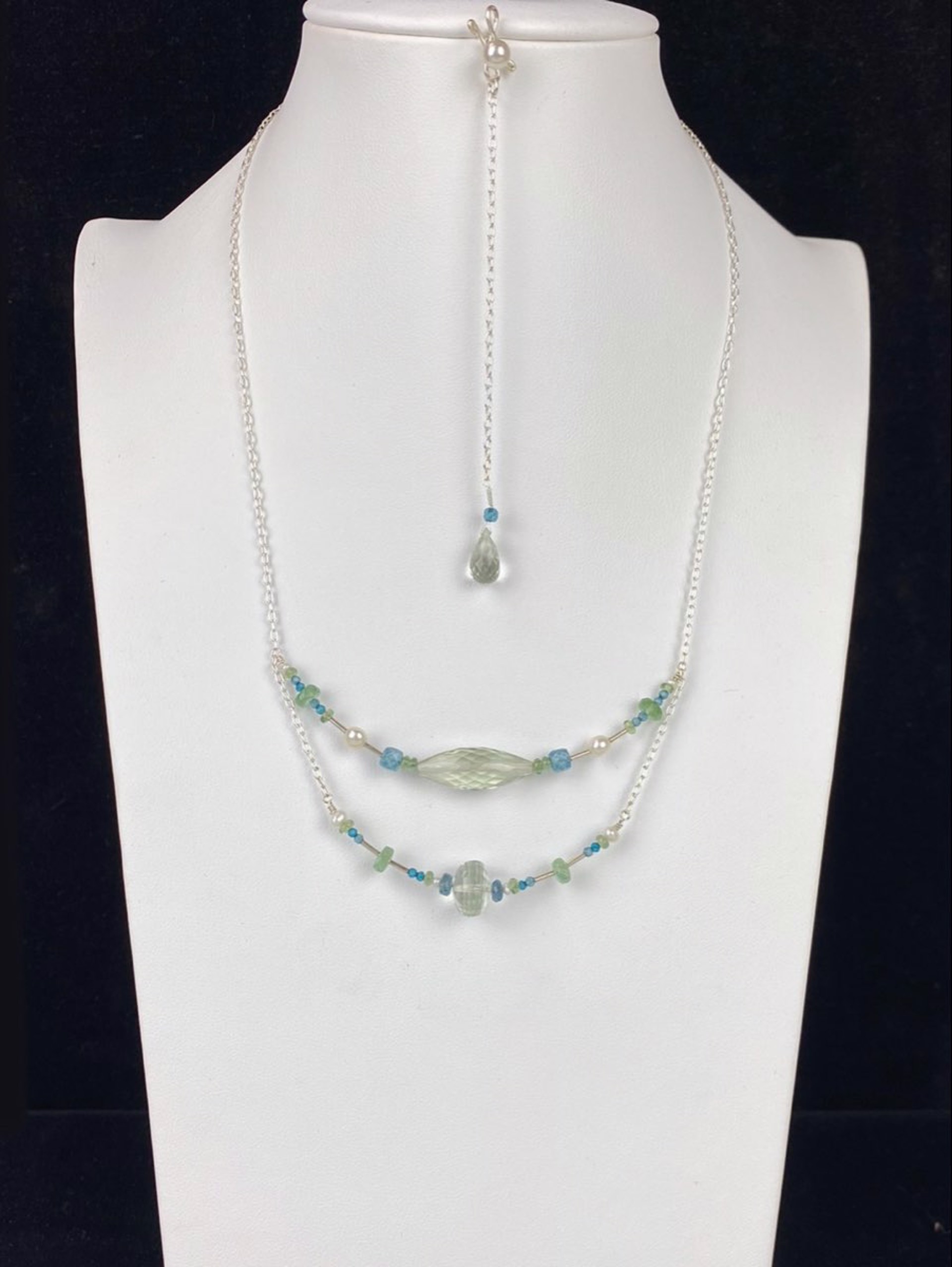Green Amethyst, Kyanite, London Blue Quartz, Pearls, and Sterling Silver Double Necklace and Infinity Pendant by Lisa Kelley