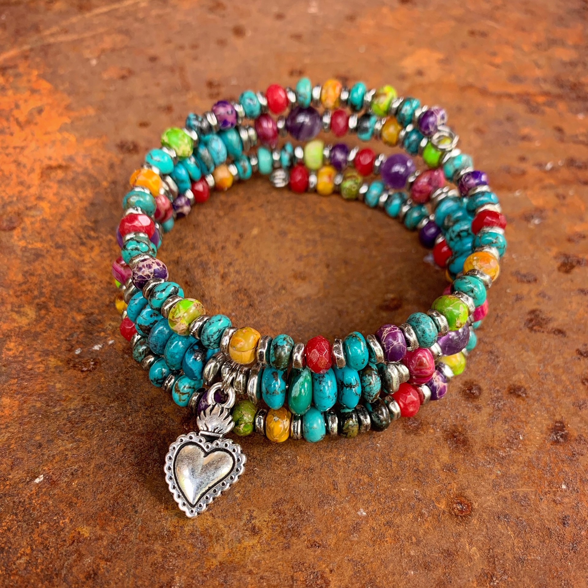 K843 Turquoise and Jasper Sacred Heart Charm Bracelet by Kelly Ormsby