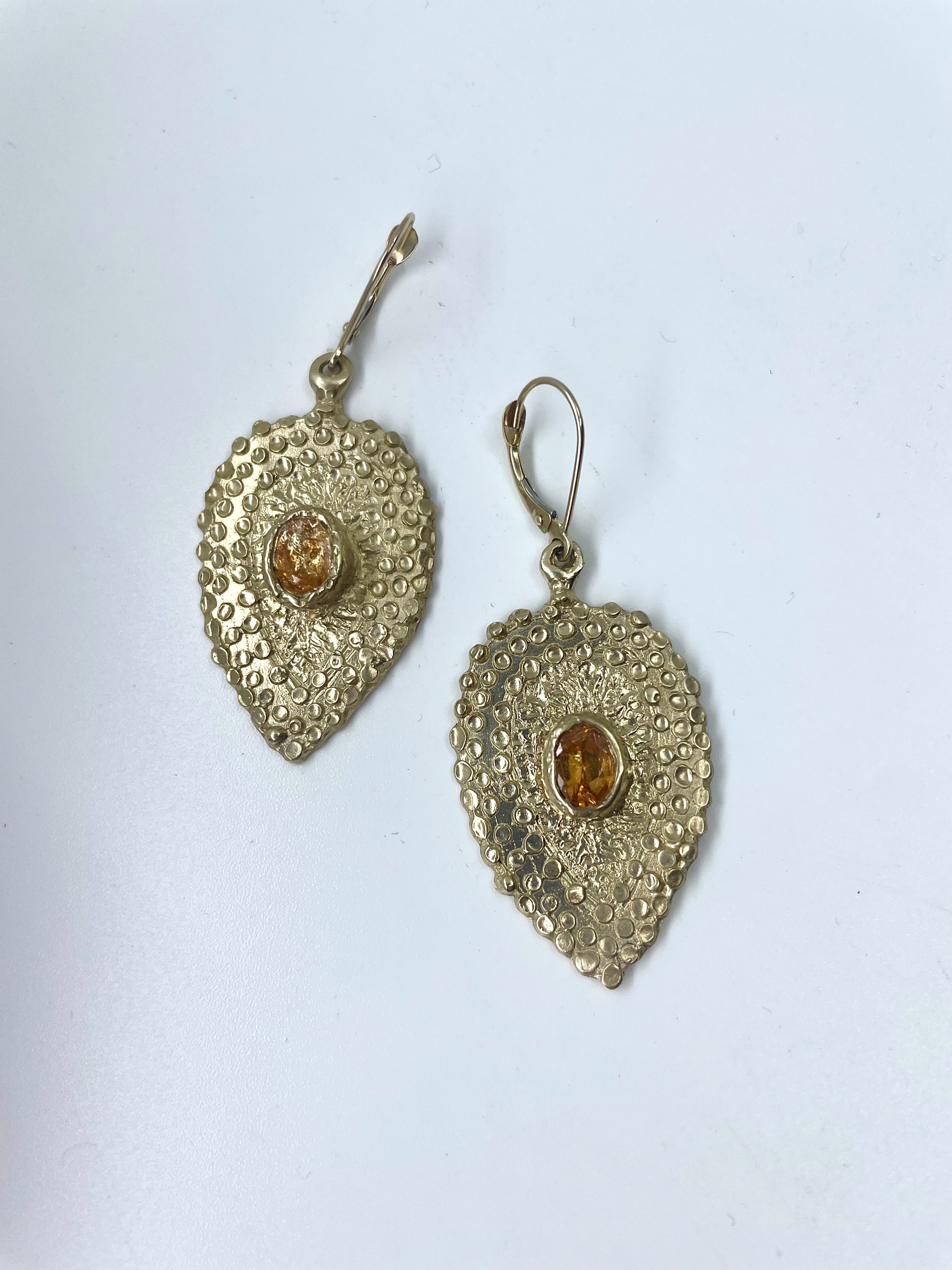 14K Pear Shaped Earrings w/ 2 1ct. Oval Spessartite Garnet by Beth Benowich
