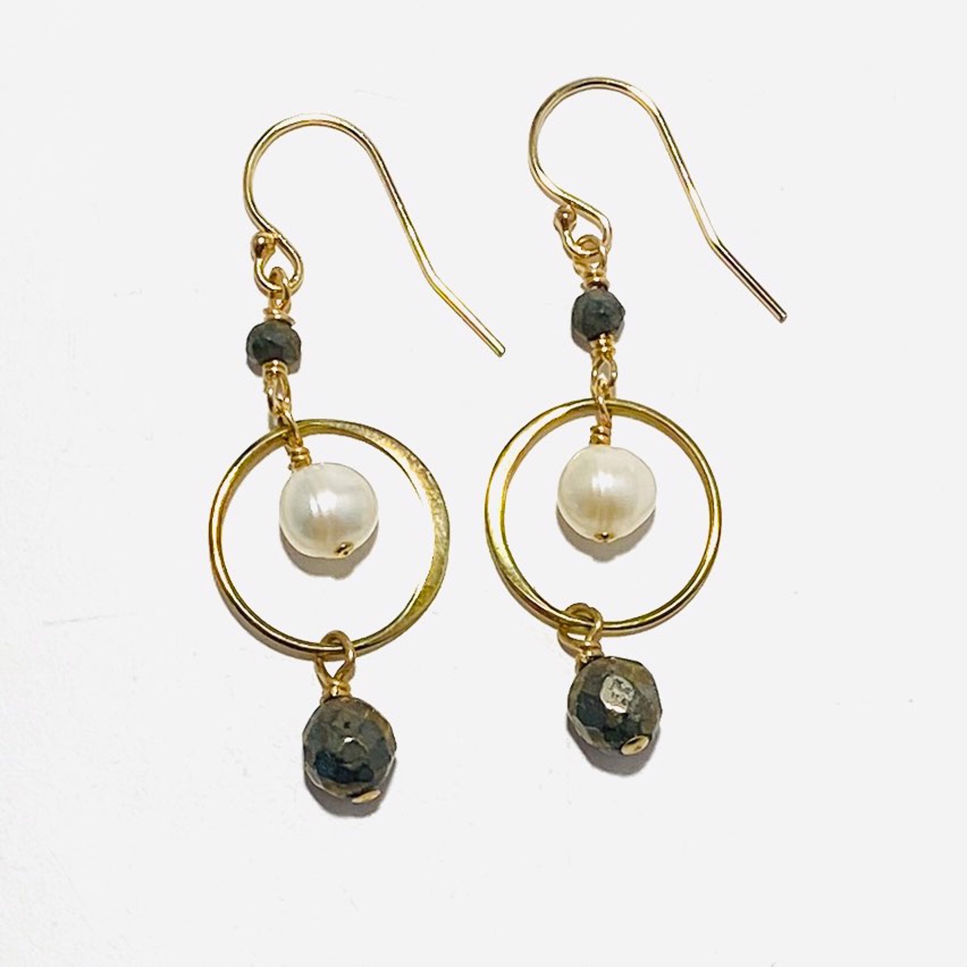 Faceted Pyrite, White Pearl Circle Drop GF Earrings LR23-41 by Legare Riano