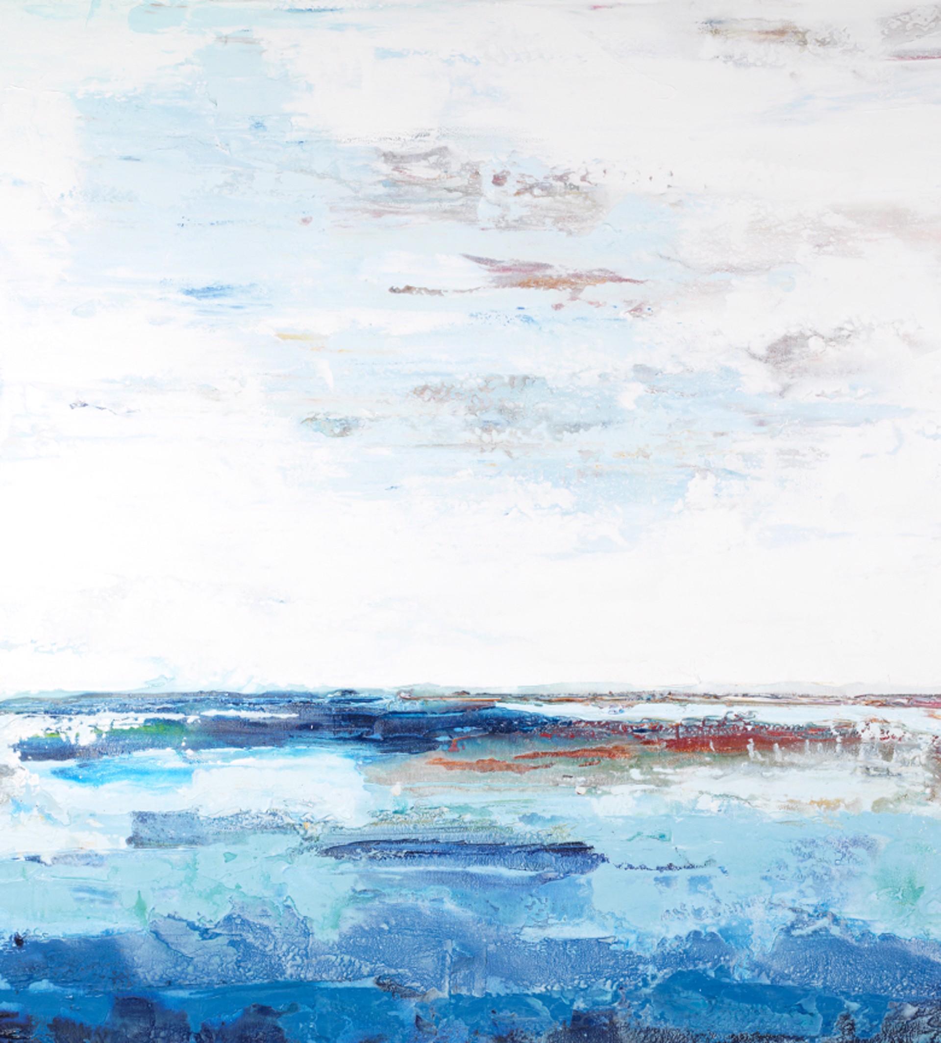 Marino #67 is a beautiful 64"H x 60"W abstract seascape painting by South Florida artist and painter John Schuyler, featuring a dividing line where sky meets sea. 