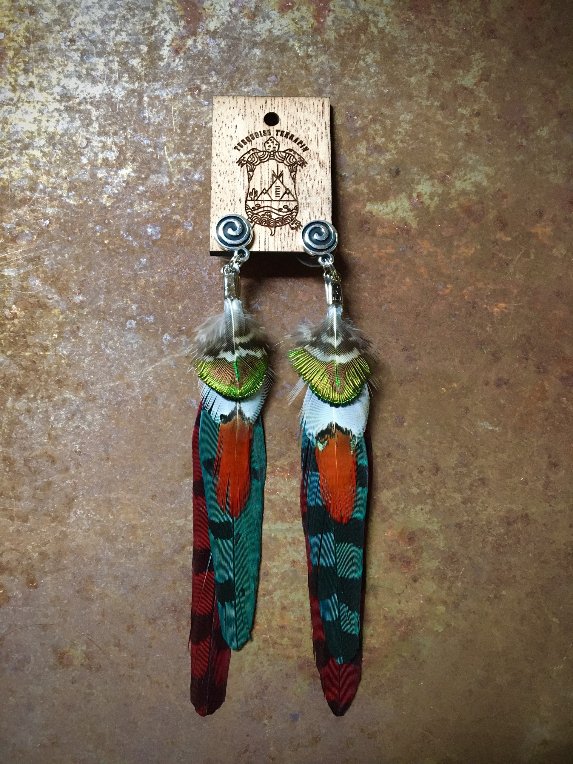 K352 Lady Amherst/ Peacock/ Pheasant Feather Earrings Red by Kelly Ormsby