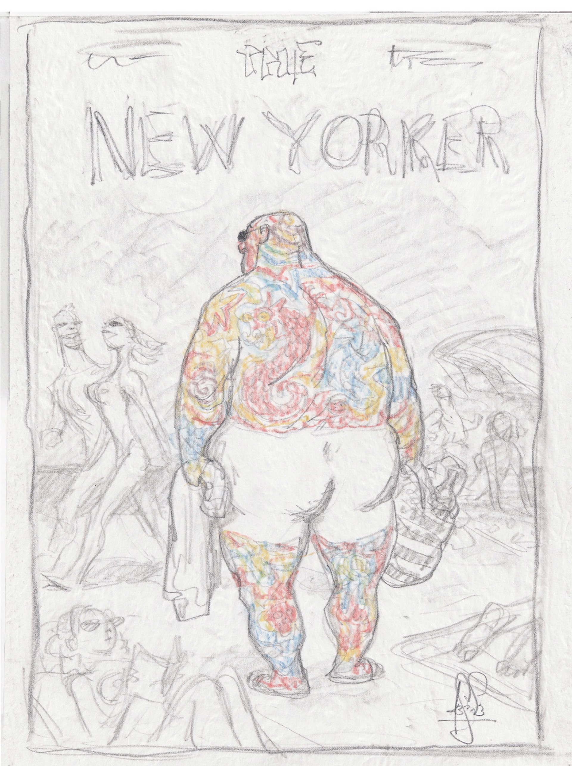 Proposed sketch for New Yorker Cover "Beach Bum" by Peter de Sève