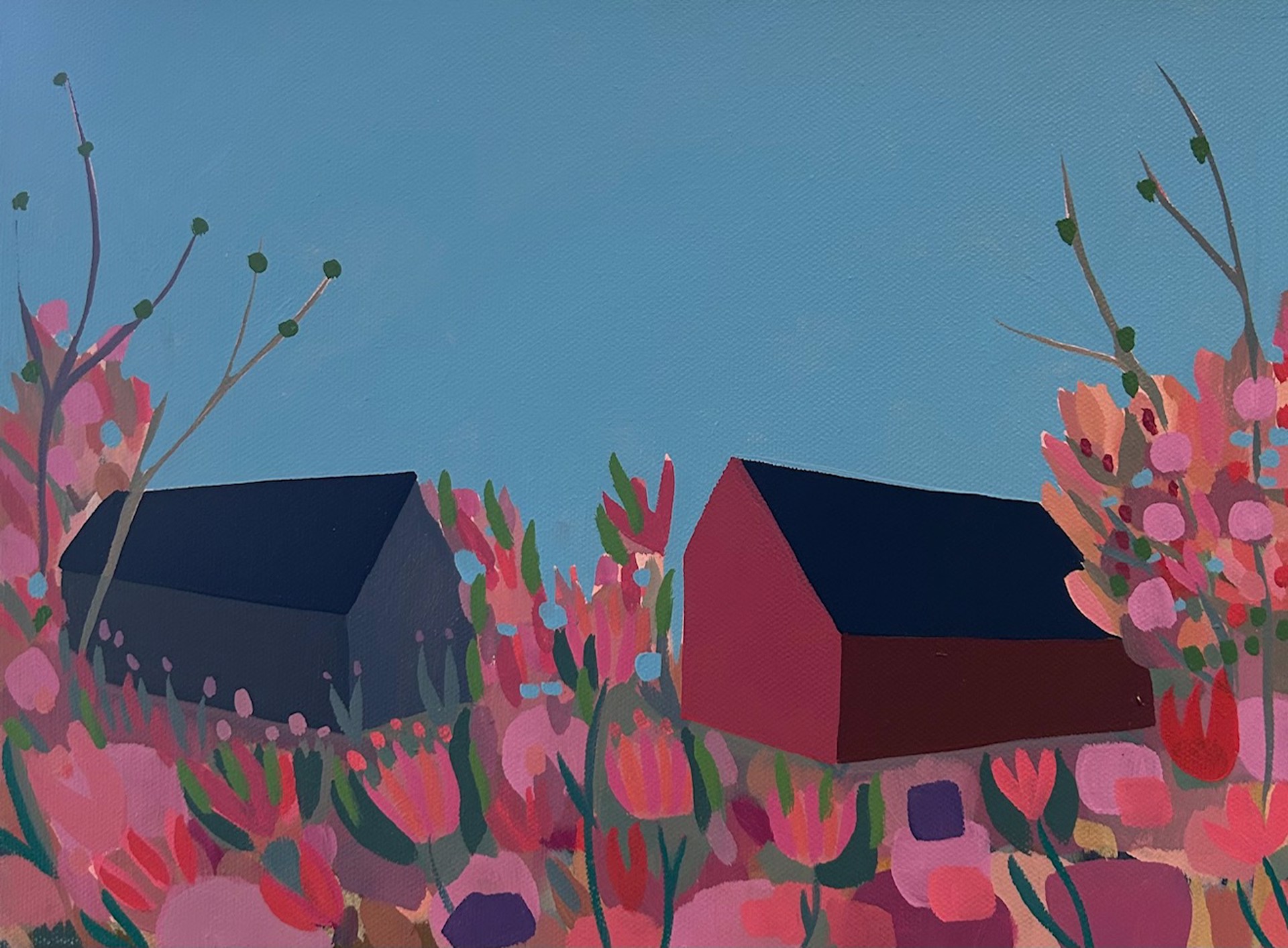 Transition of seasons, with Red and Blue Barn by Sage Tucker-Ketcham