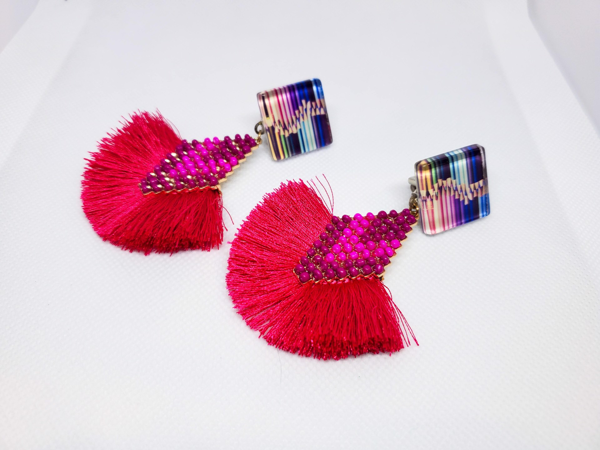 Hot Pink Fan Tassels with Glass Tops with Pencils Earrings by Sally Bass
