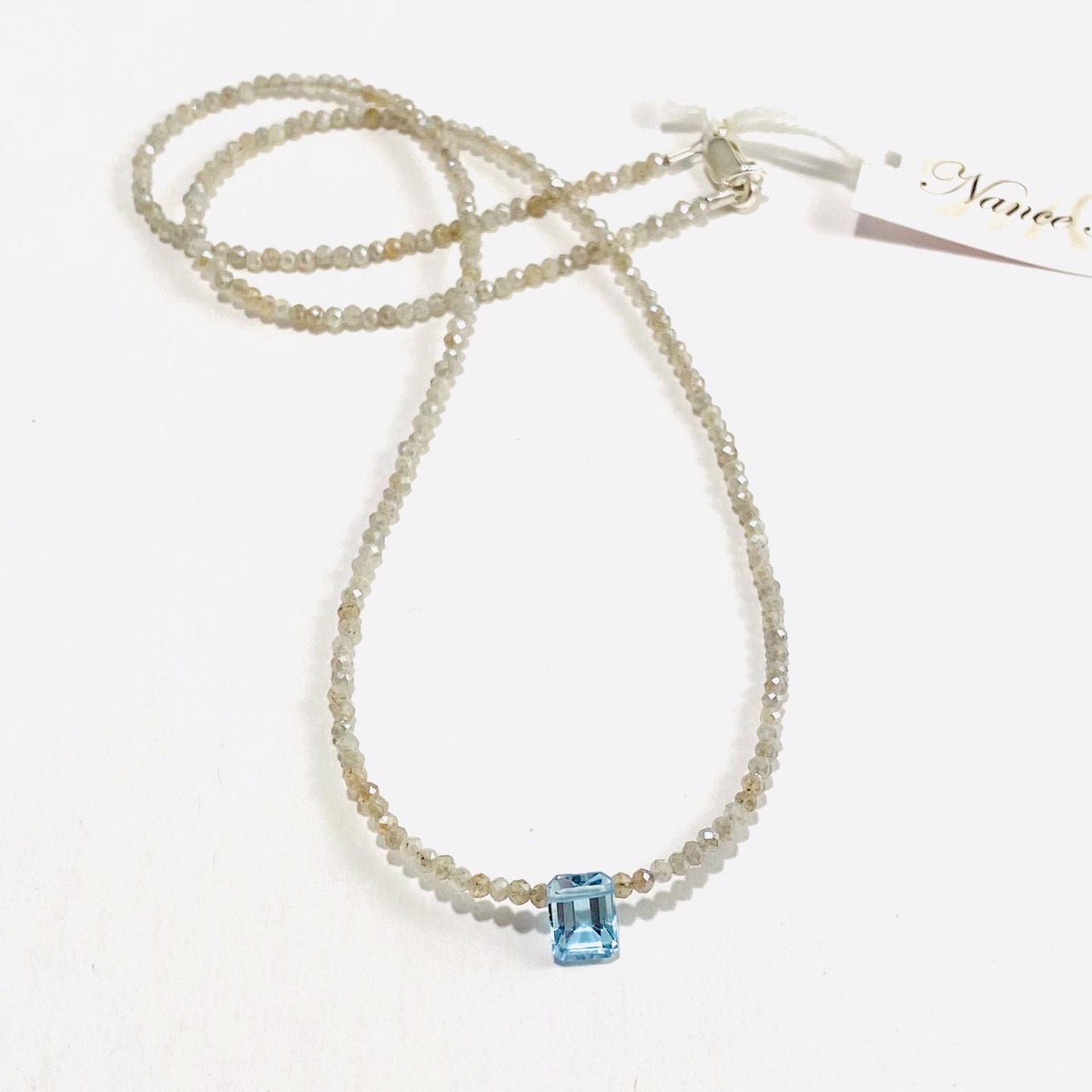 NT22-211  Tiny Faceted Labradorite Emerald Cut Blue Topaz  Necklace by Nance Trueworthy