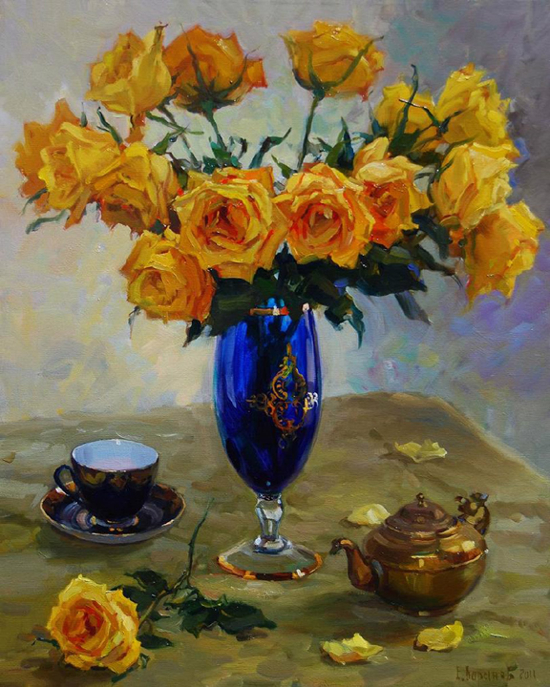 Yellow Roses in Blue Vase by Evgeny & Lydia Baranov