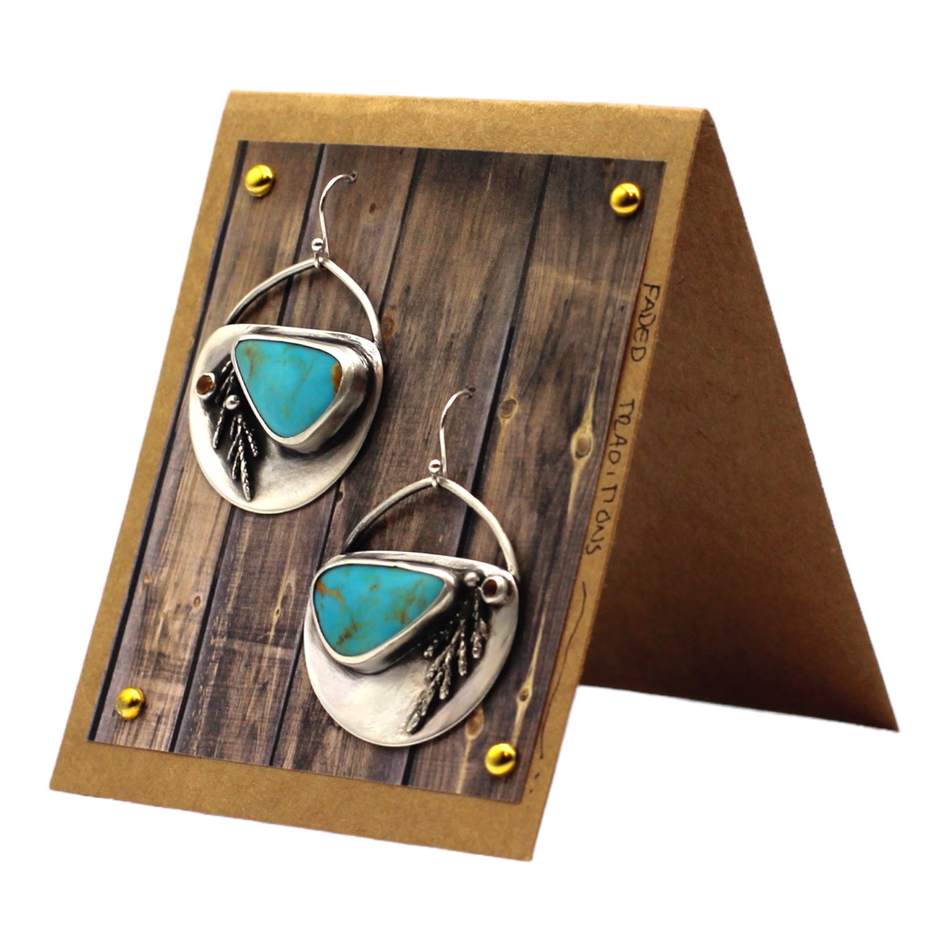 Kingman Turquoise Shield Earrings with Cast Juniper and Citrine by Ashley Hanna