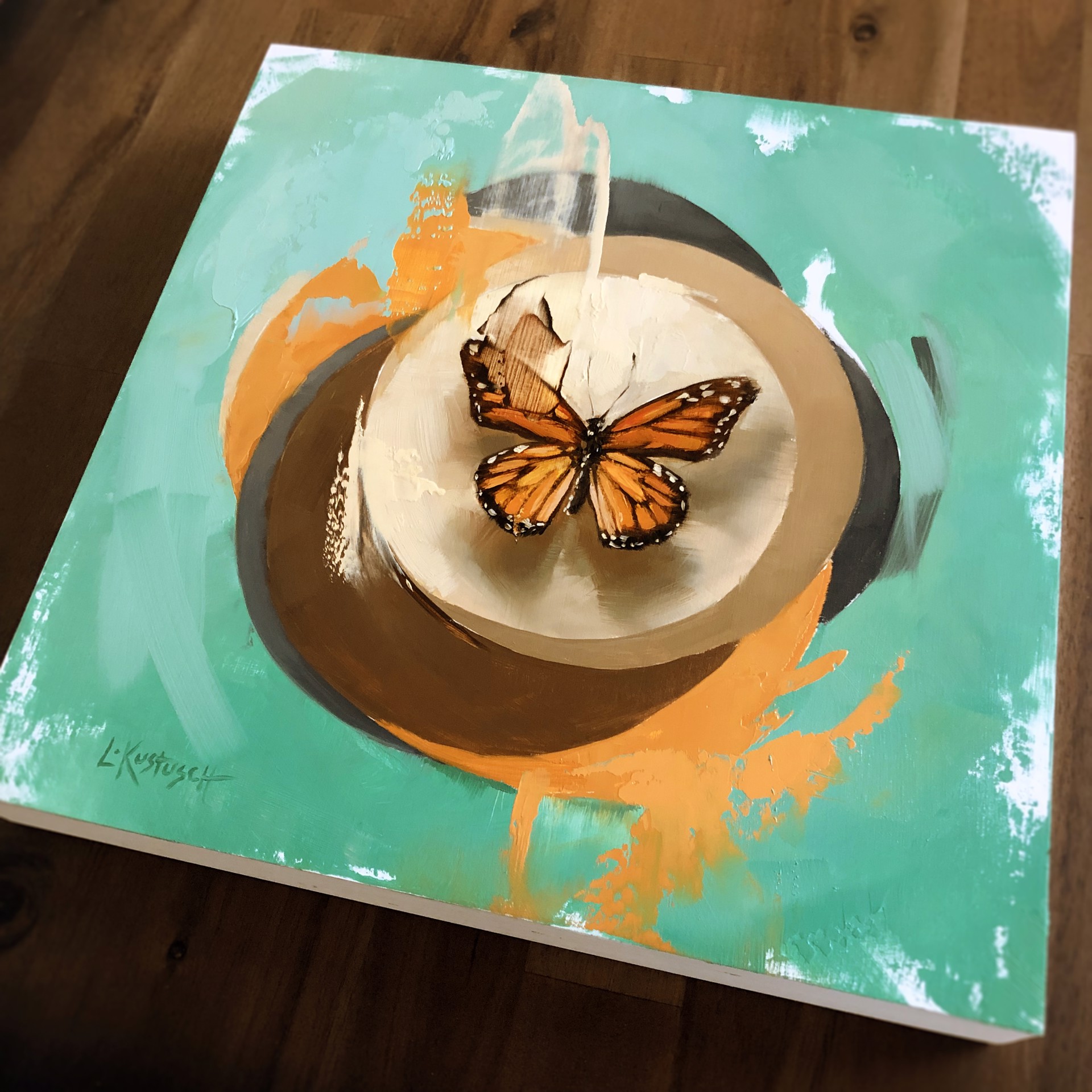 Monarch on Shades of Aqua & Apricot by Lindsey Kustusch