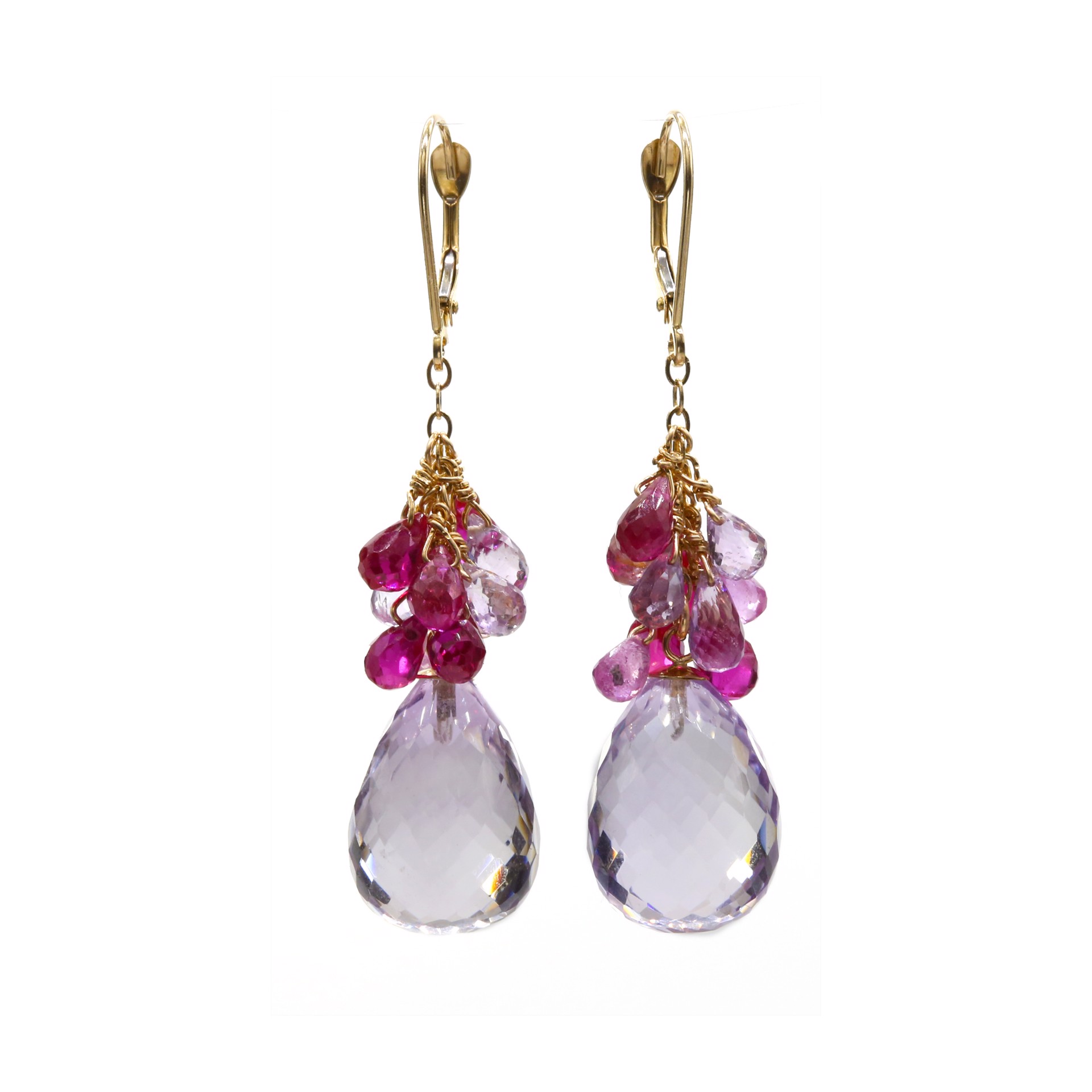 MLJ-3356-E- Faceted Pink Amethyst briolettes with hand pinned clusters ofpink sapphire and pink amethyst briolettes in 14K gold by Melinda Lawton Jewelry