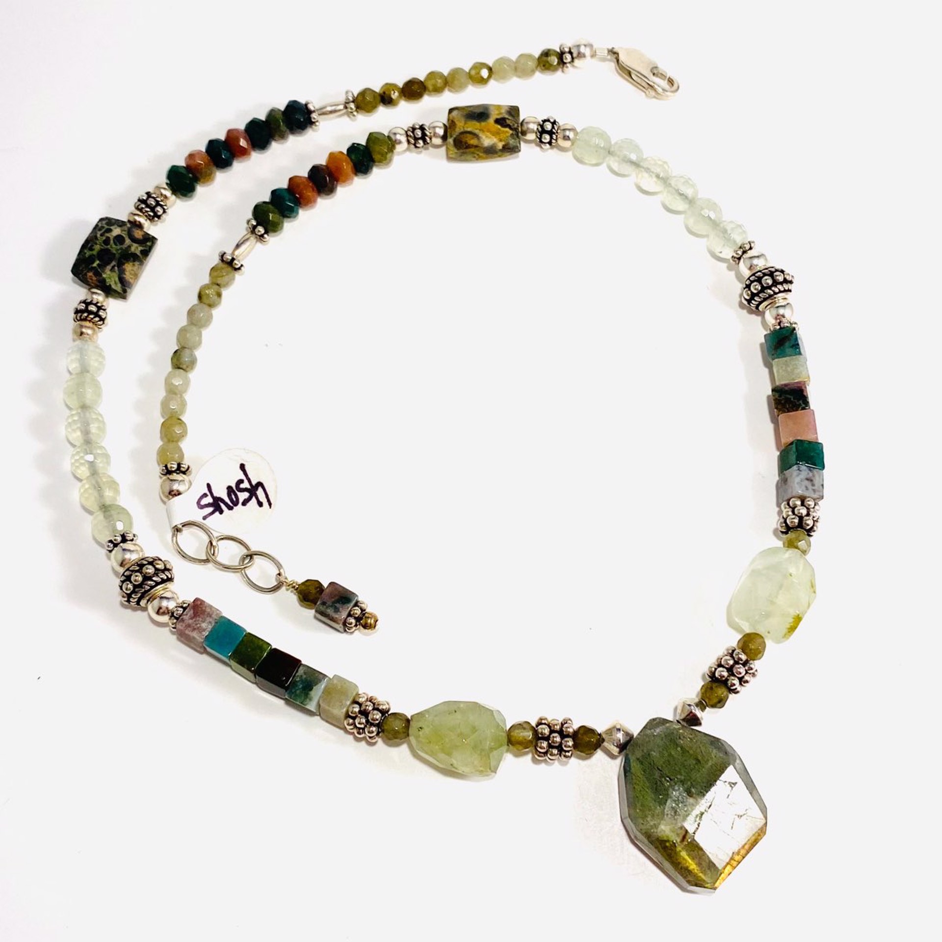 Faceted Labradorite Pendant on Chrysoprase Agate Fluorite 20” Necklace SHOSH22-8 by Shoshannah Weinisch
