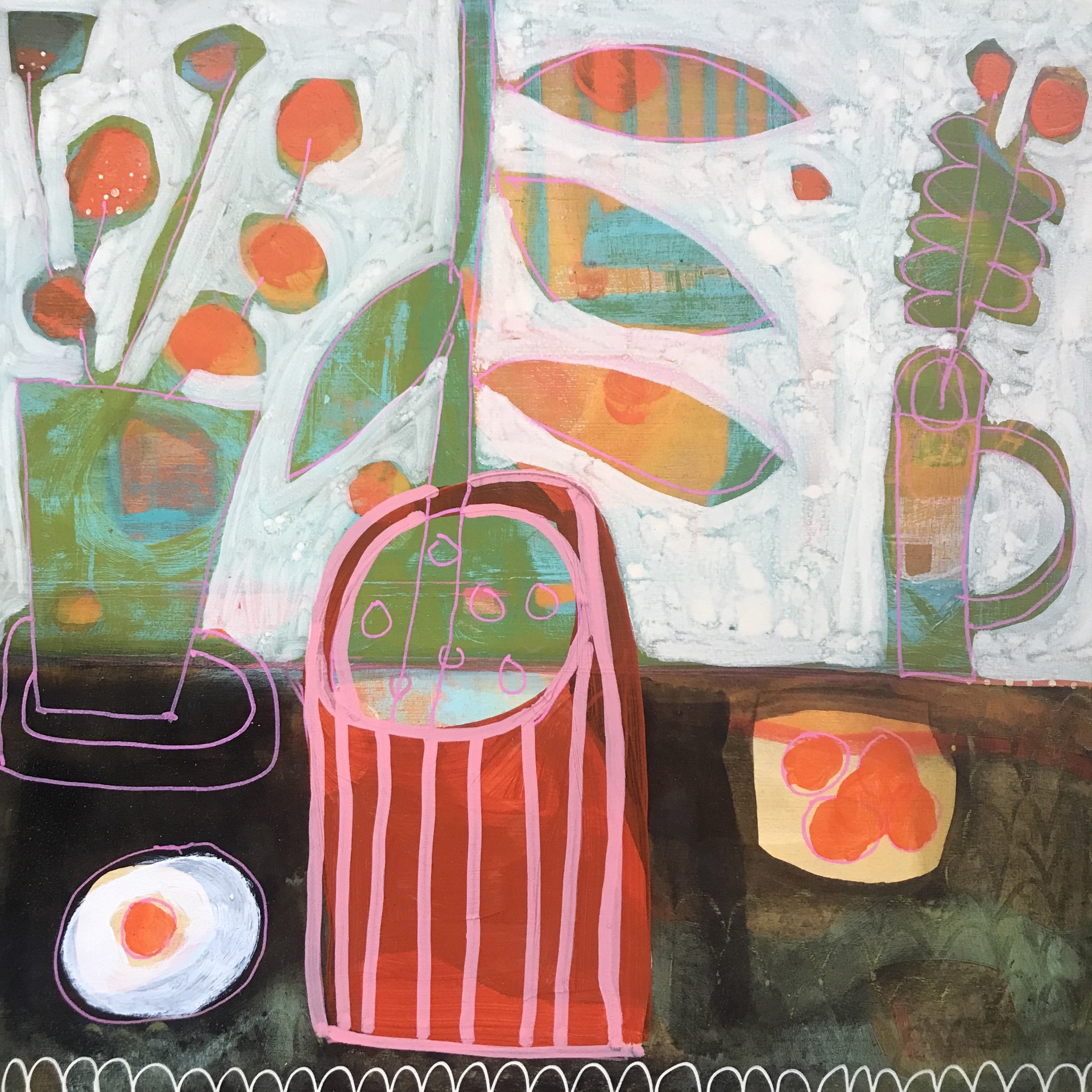 Red and Pink Striped Vase with Plate of Oranges by Rachael Van Dyke