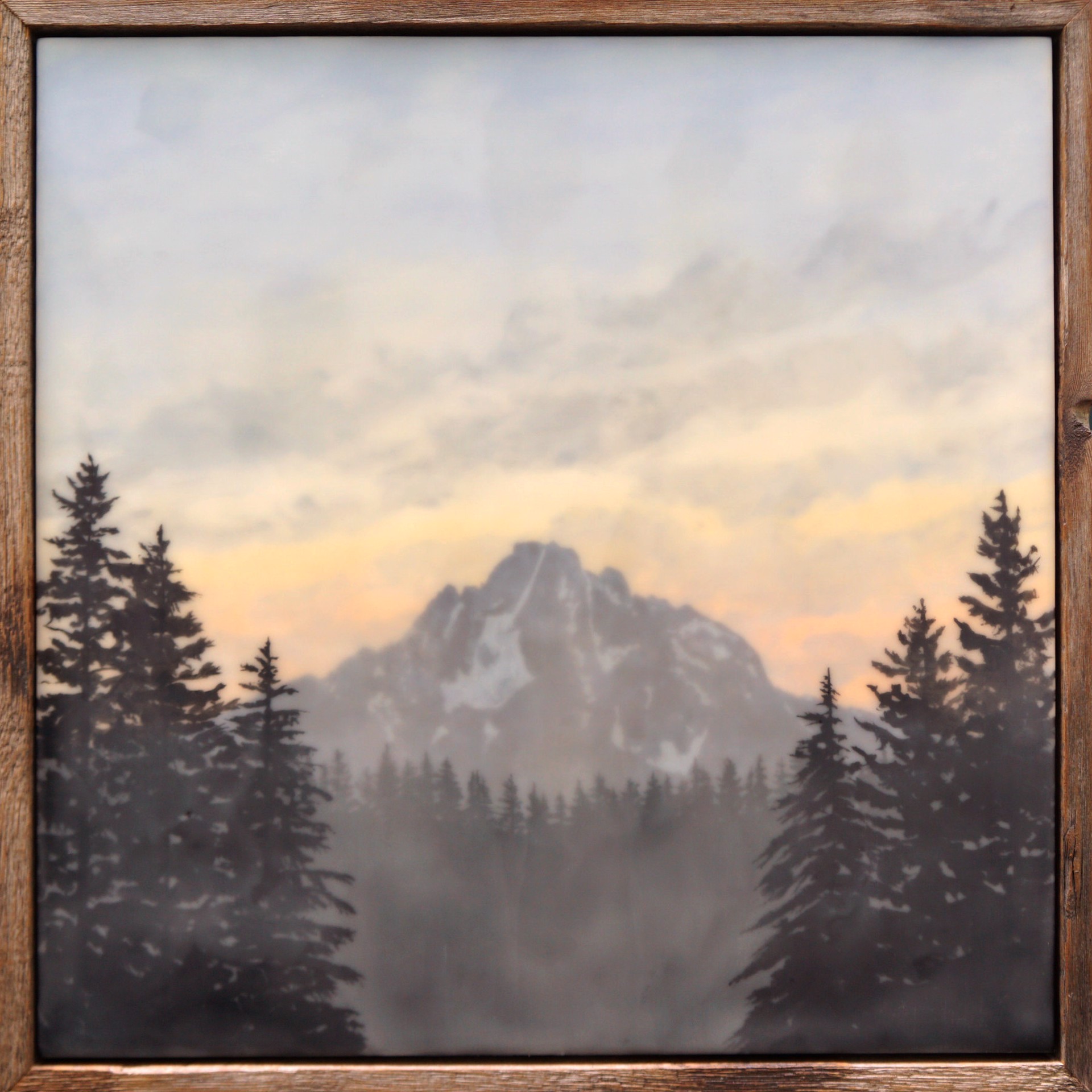 Mount Moran With A Soft Warm Pink To Yellow Sky Framed By Evergreen Ridges