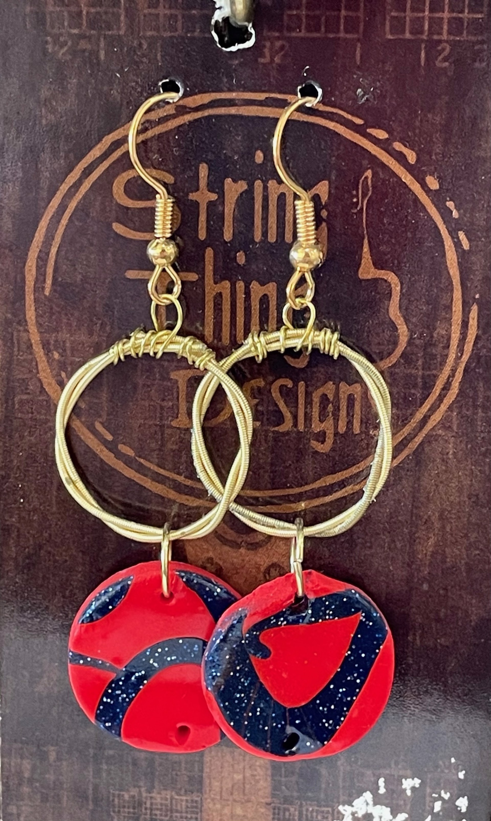 Red and Black Clay Guitar String Earrings by String Thing Designs