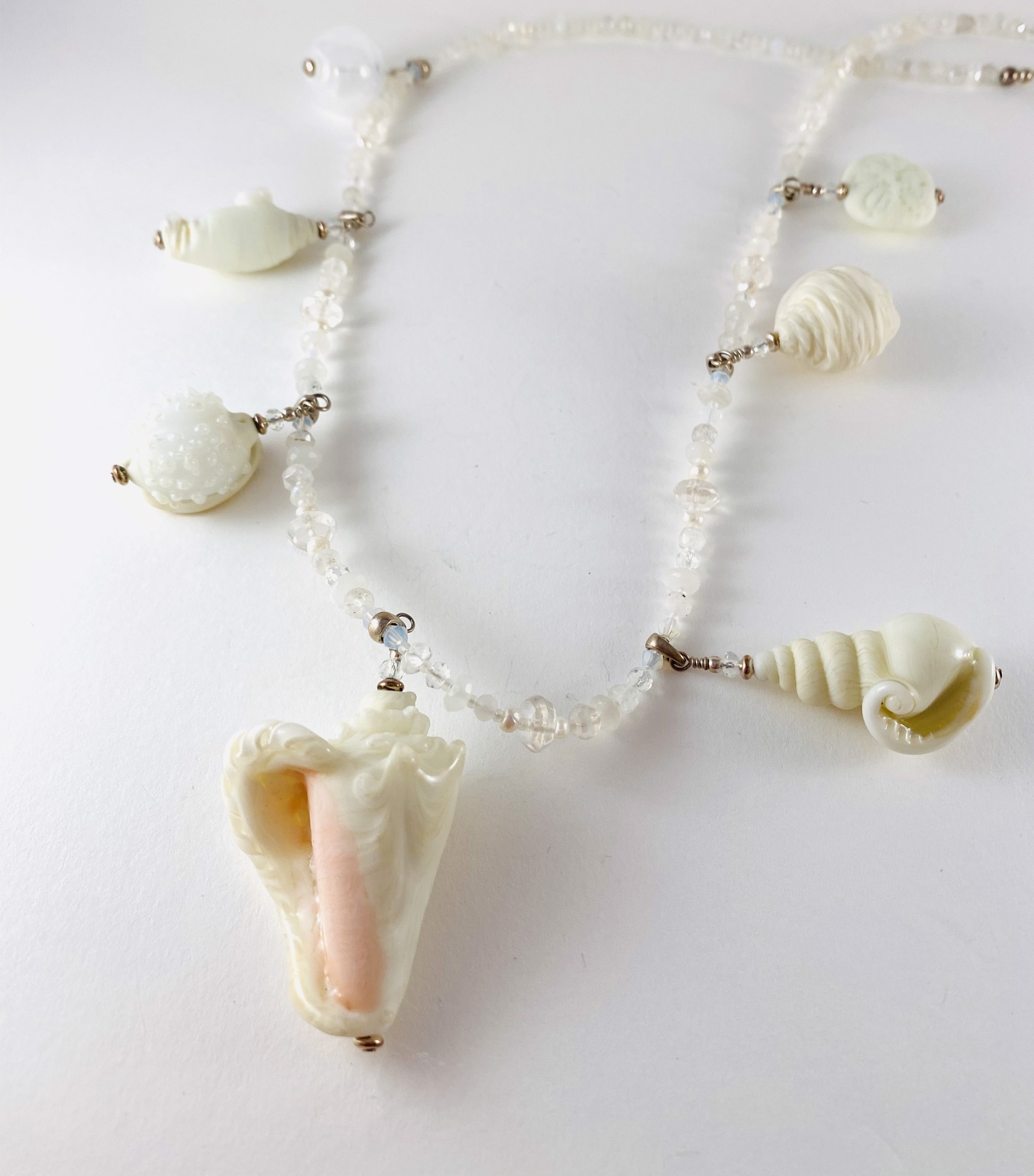Ivory Shells, Moonstone, Crystal and Seed Pearl Necklace LS15-173 by Linda Sacra