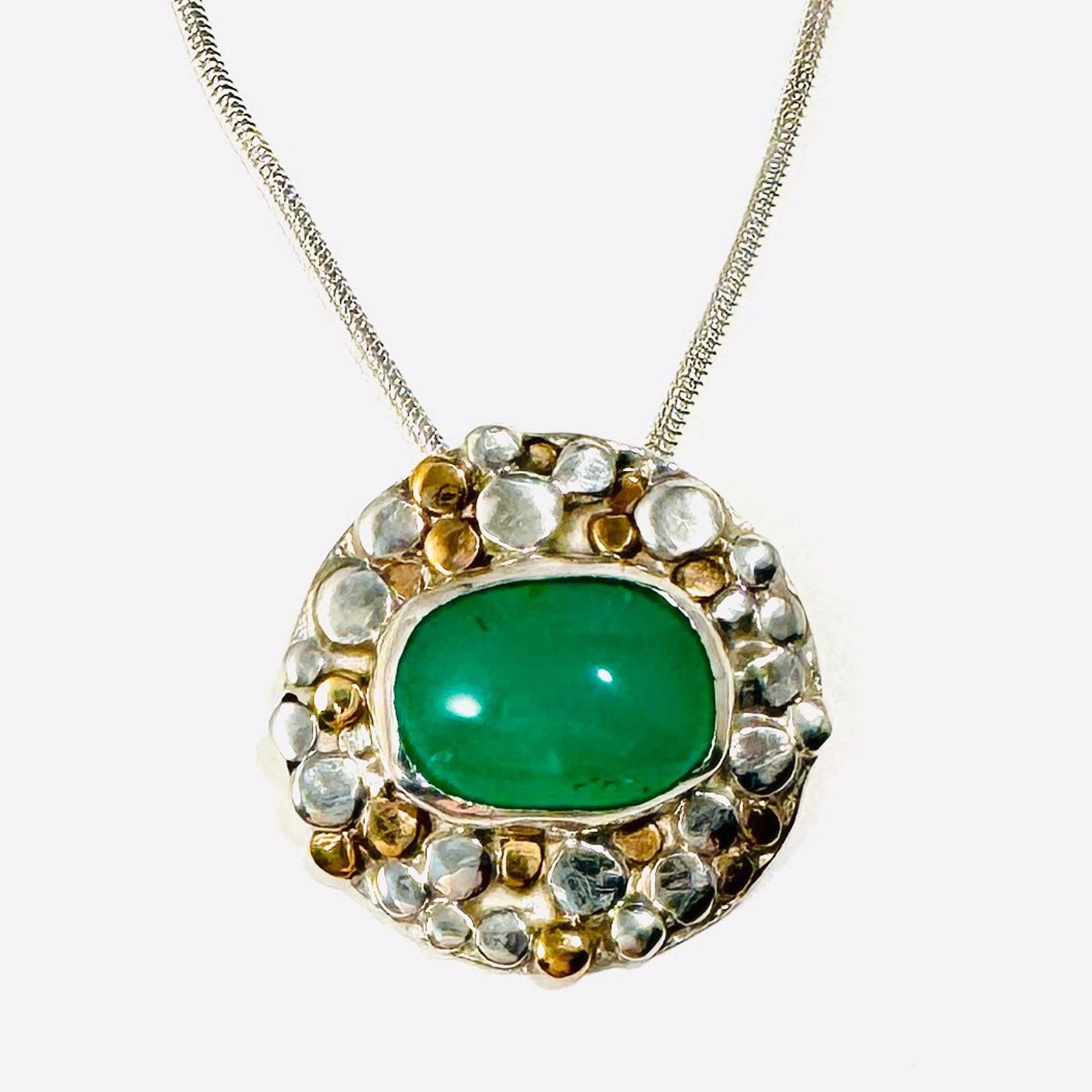 Chrysophrase Disc Pendant with Brass Accent on 18"snake chain AB23-114 by Anne Bivens