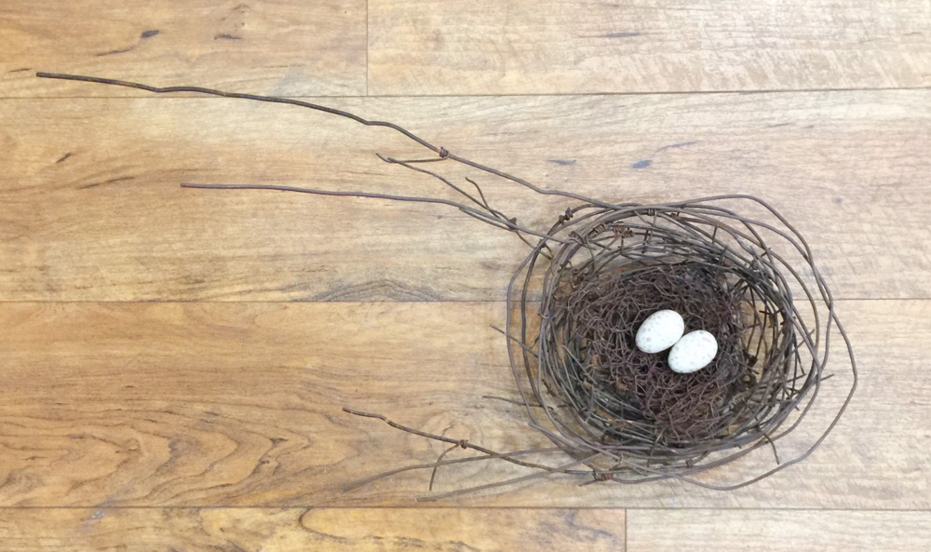 Hand Woven Wire Nest With 2 Beige Speckled Ceramic Eggs - 1320 by Phil Lichtenhan