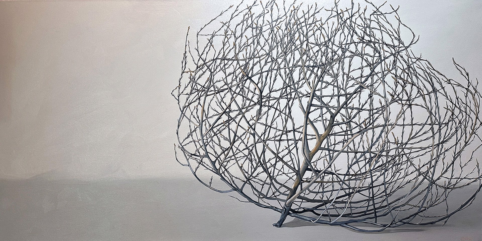 Original Oil Painting By Christy Stallop Featuring A Tumbleweed In Grayscale On Gray Background