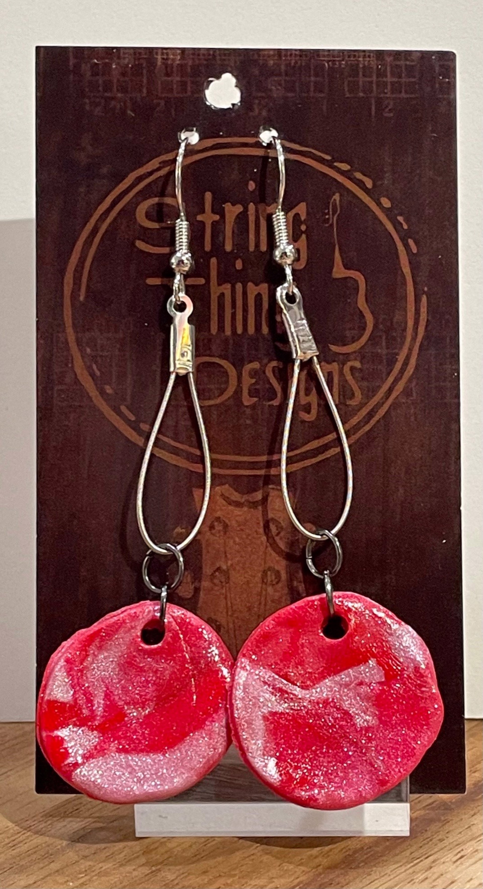 Red Guitar String Earrings by String Thing Designs