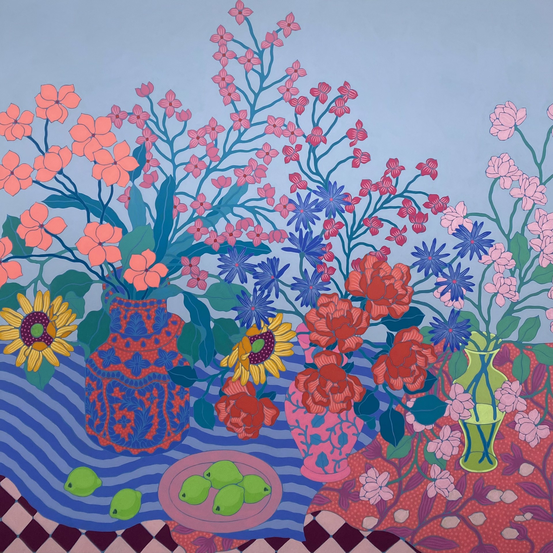 Three Bouquets on Striped Rug by Sarah Ingraham