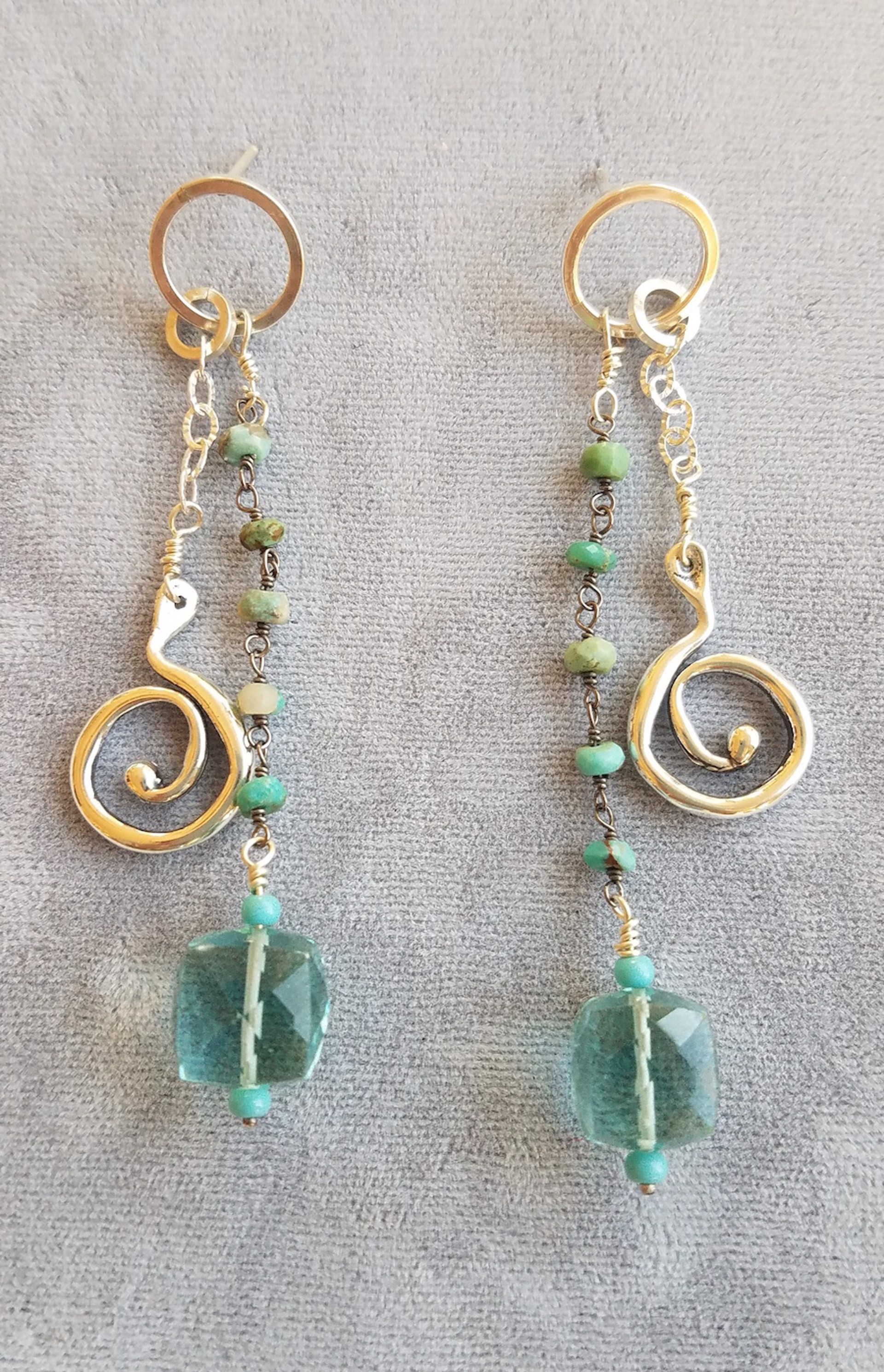Earrings - Turquoise Bead Chain, Aqua Faceted Glass Beads & Sterling Silver DK 2805 by Doris King