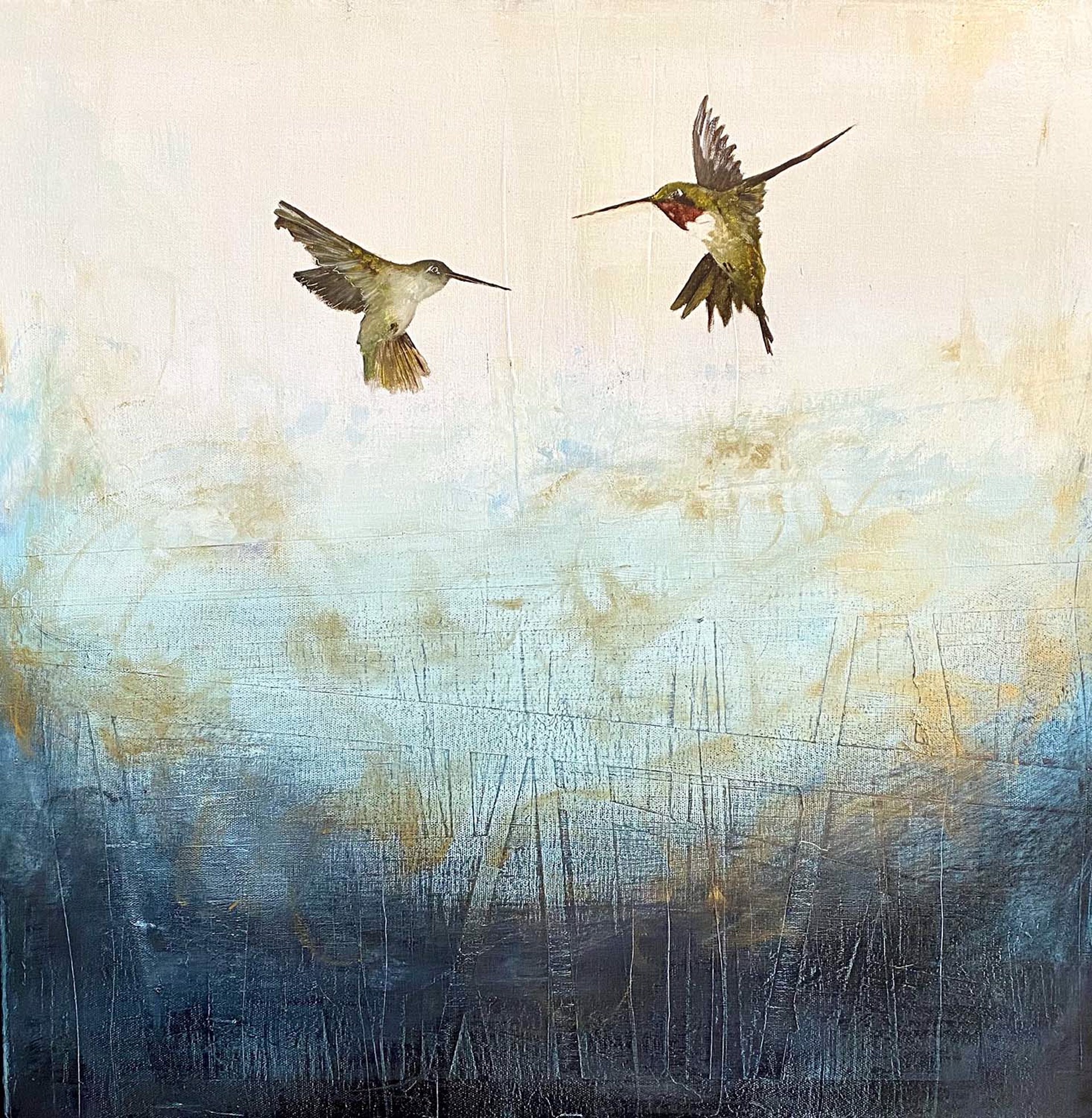 A Contemporary Painting Of Two Flying Hummingbirds On A Blue And Gold Background By Jenna Von Benedikt At Gallery Wild