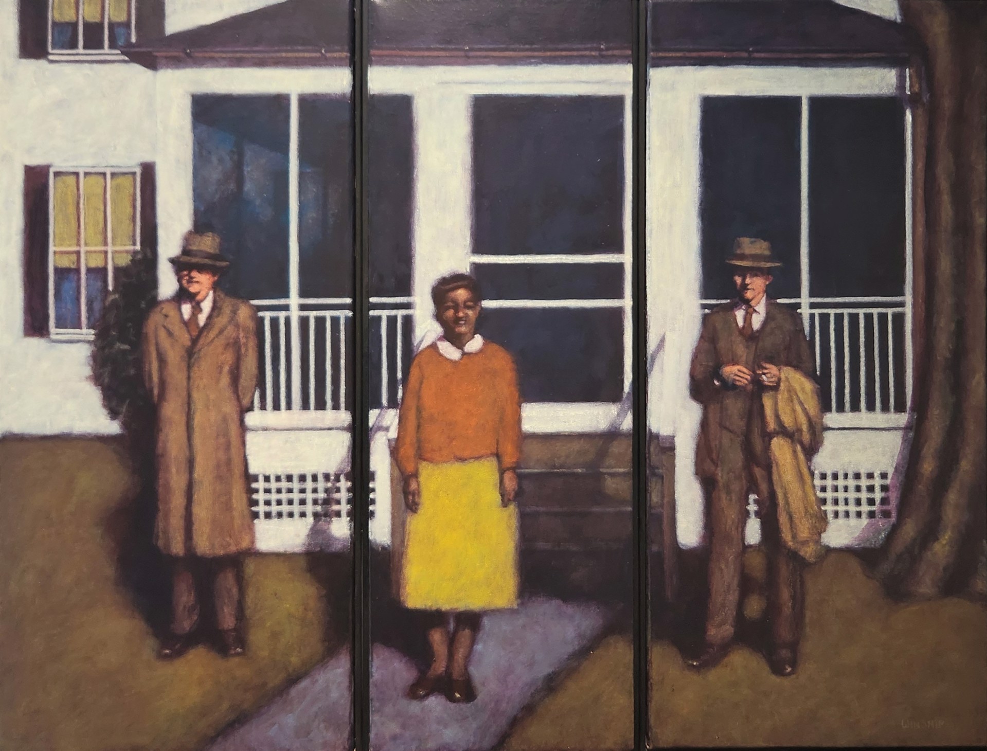 THREE FIGURES IN FRONT OF A HOUSE (TRIPTYCH) by JOHN WINSHIP