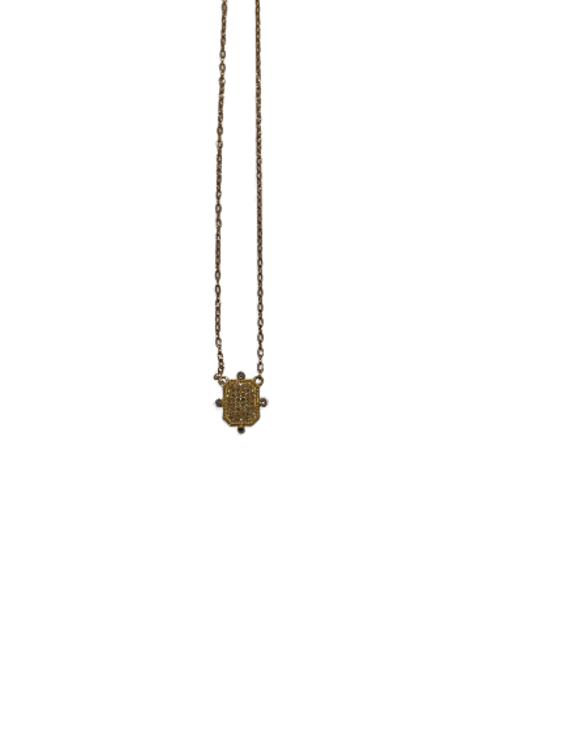 Gold Filled Delicate Necklace with Pave Diamond Rectangle Pendant Accented with Blue Sapphires by Karen Birchmier
