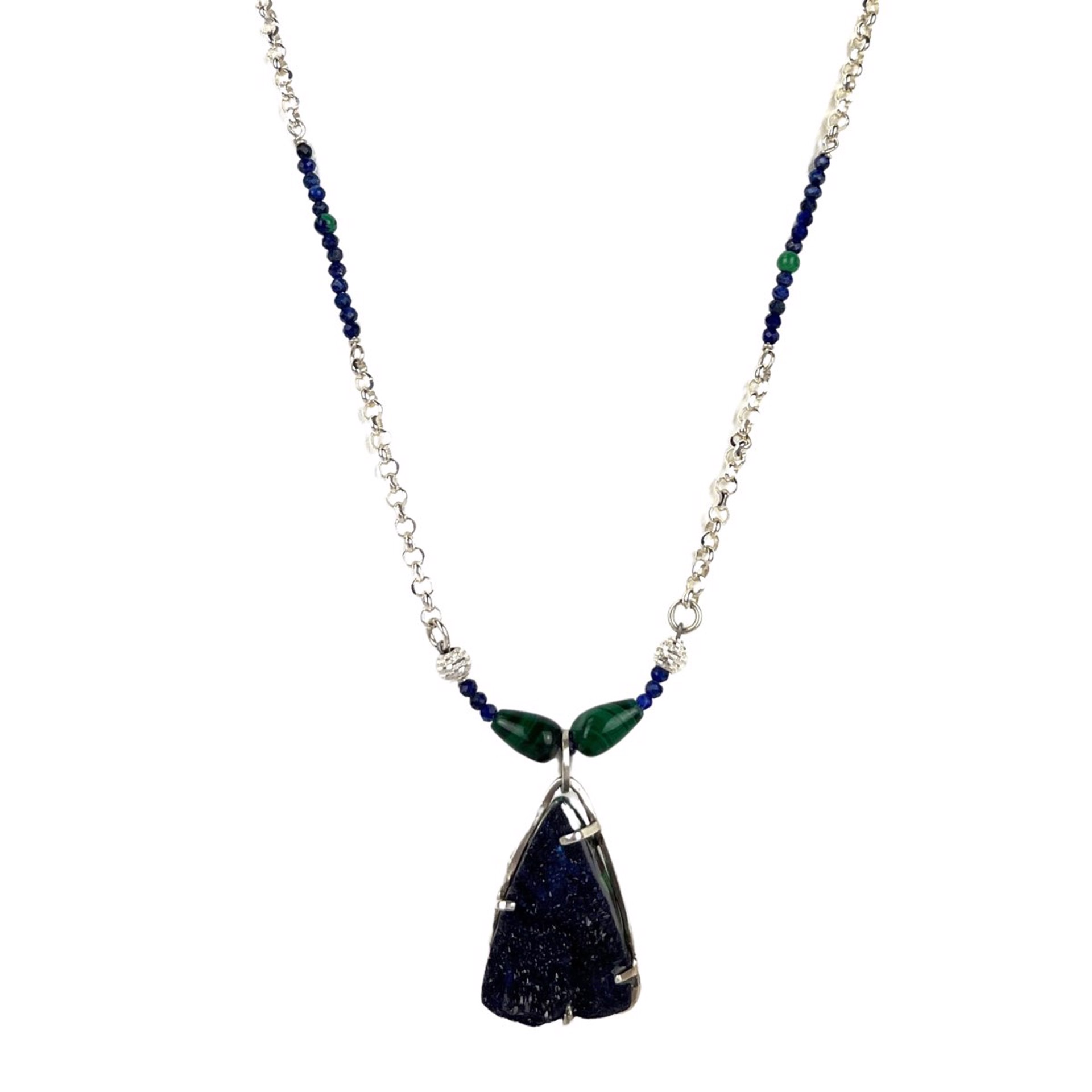 Chatoyant Malachite, Druzy Azurite, and Sterling Silver Necklace by Nola Smodic