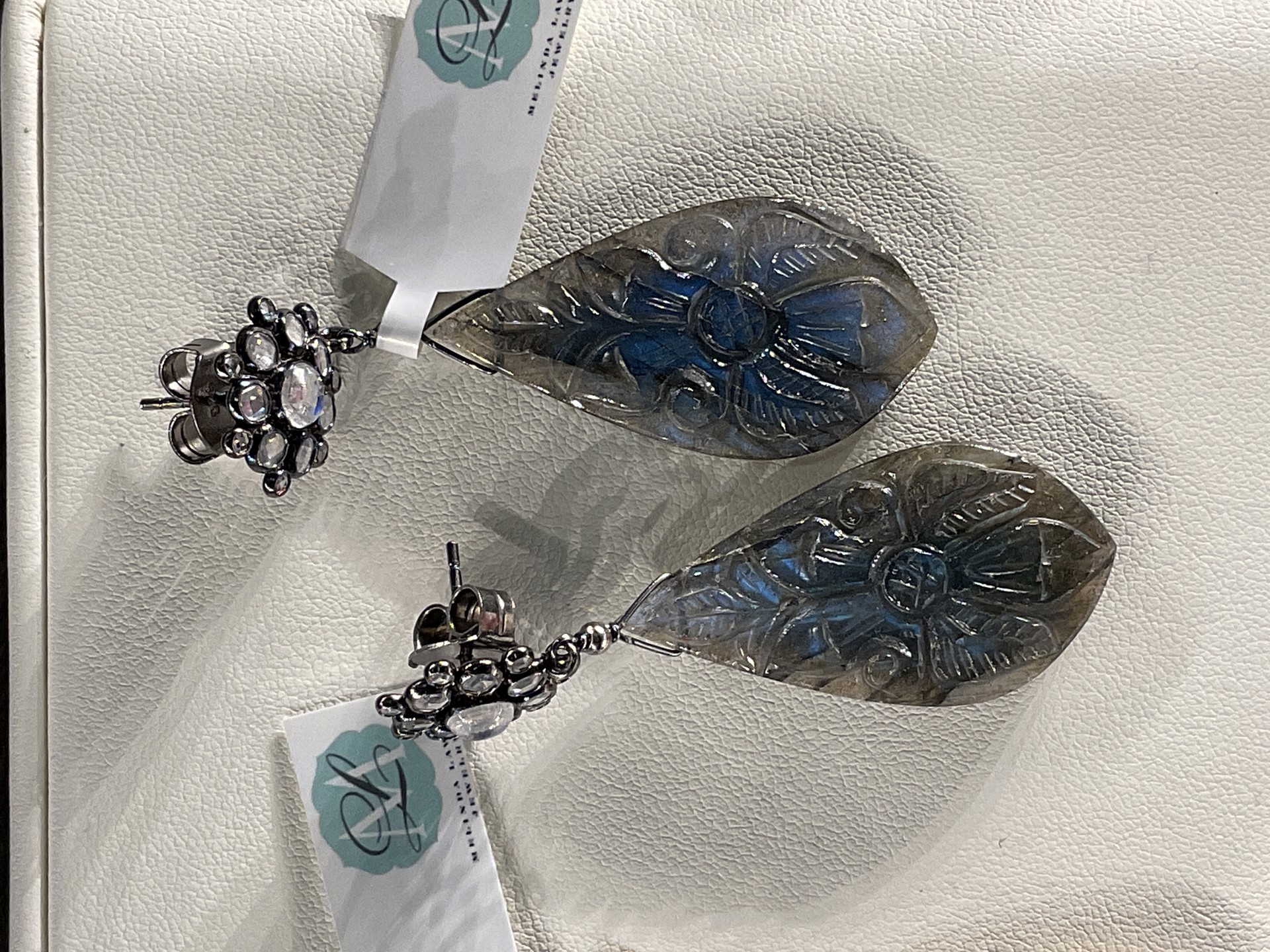 Carved Flasy Blue Labradorite on posts with moonstone and white topaz in oxidized silver by Melinda Lawton Jewelry