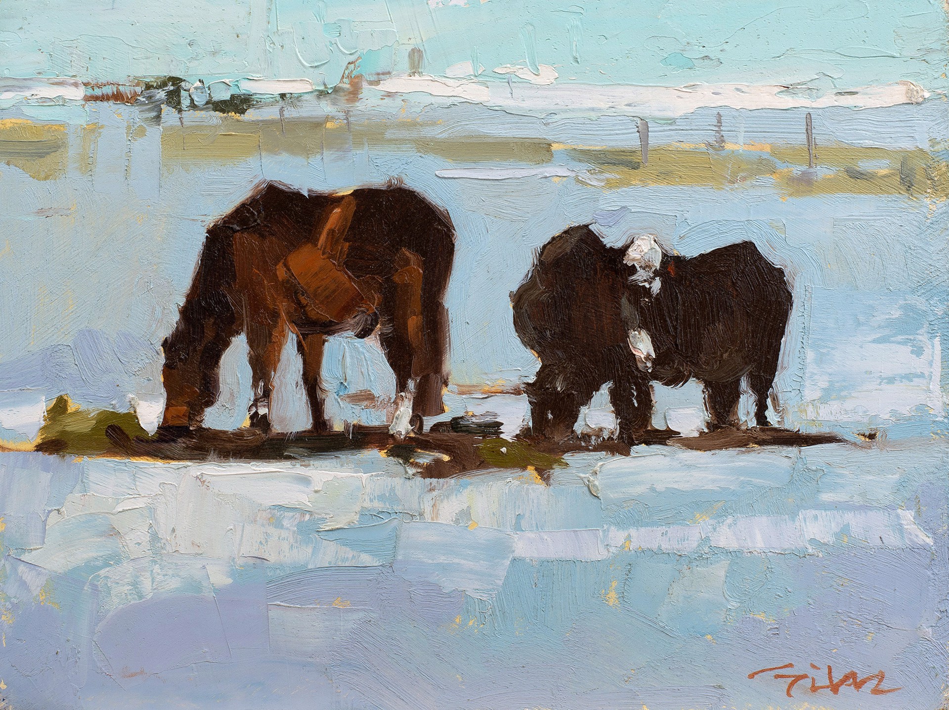 Oil Painting With Horse And Cow Winter Scene By Silas Thompson