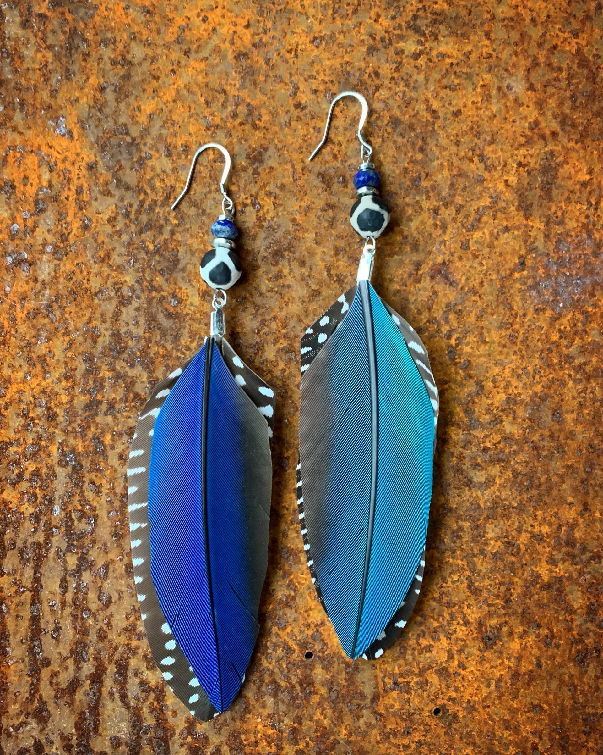 K598 Black White and Blue Feather Earrings by Kelly Ormsby