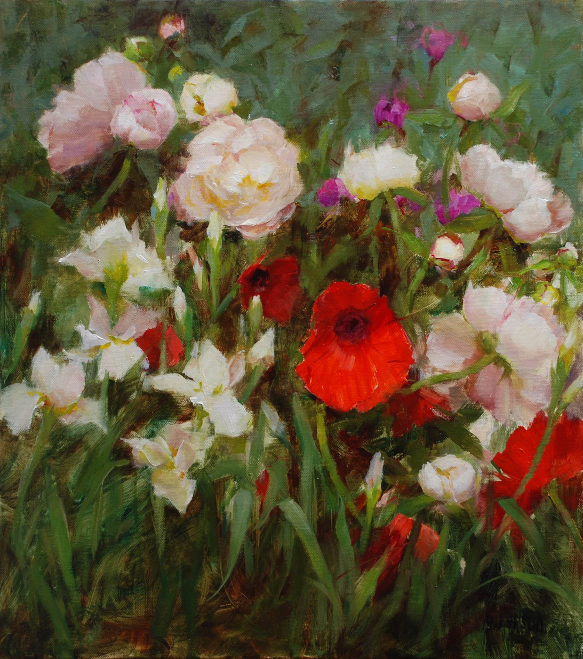 Spring Garden with Poppies and Peonies by Kathy Anderson